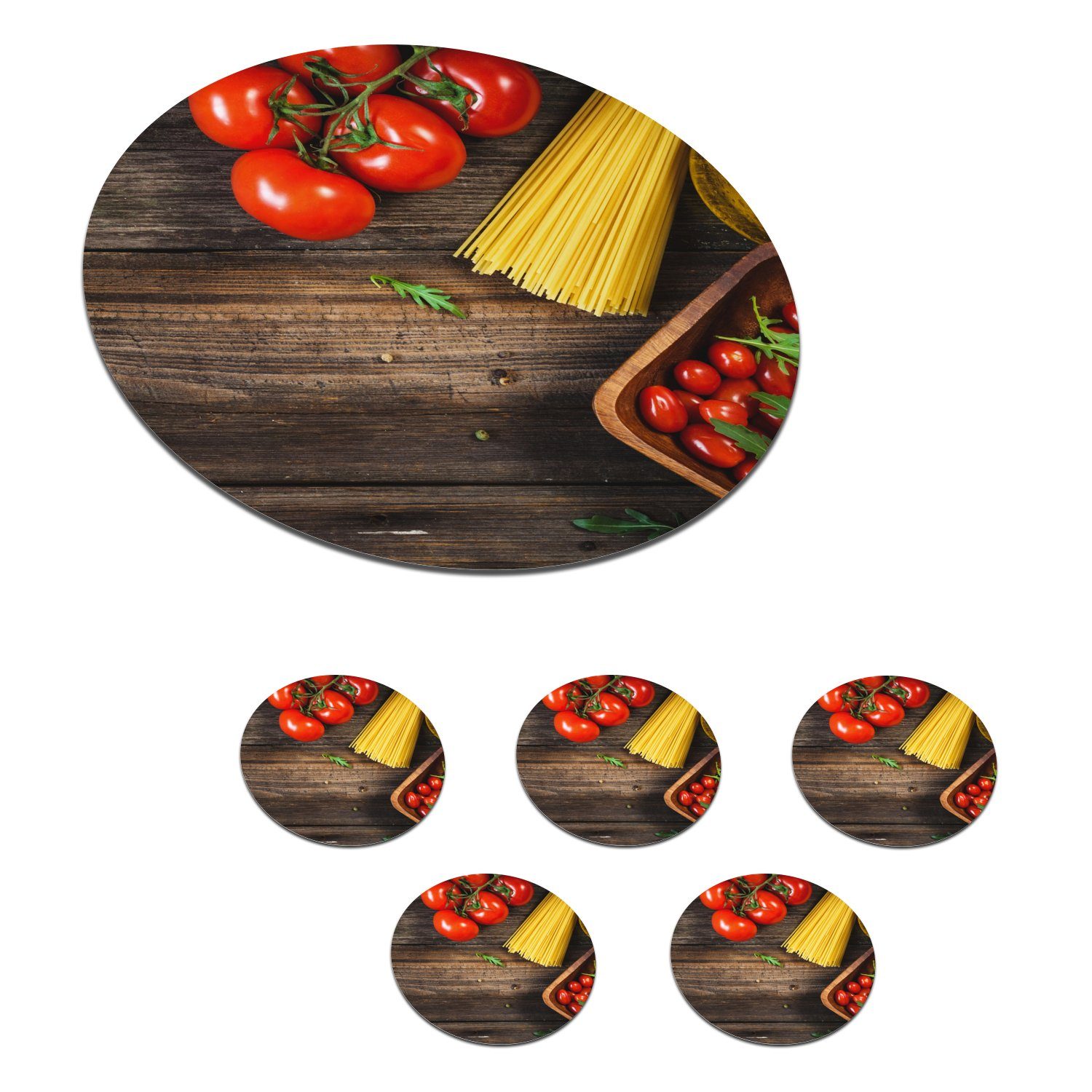 MuchoWow Glasuntersetzer Nudeln - Tomate - Küche, Zubehör für Gläser, 6-tlg., Getränkeuntersetzer, Tassenuntersetzer, Korkuntersetzer, Tasse, Becher