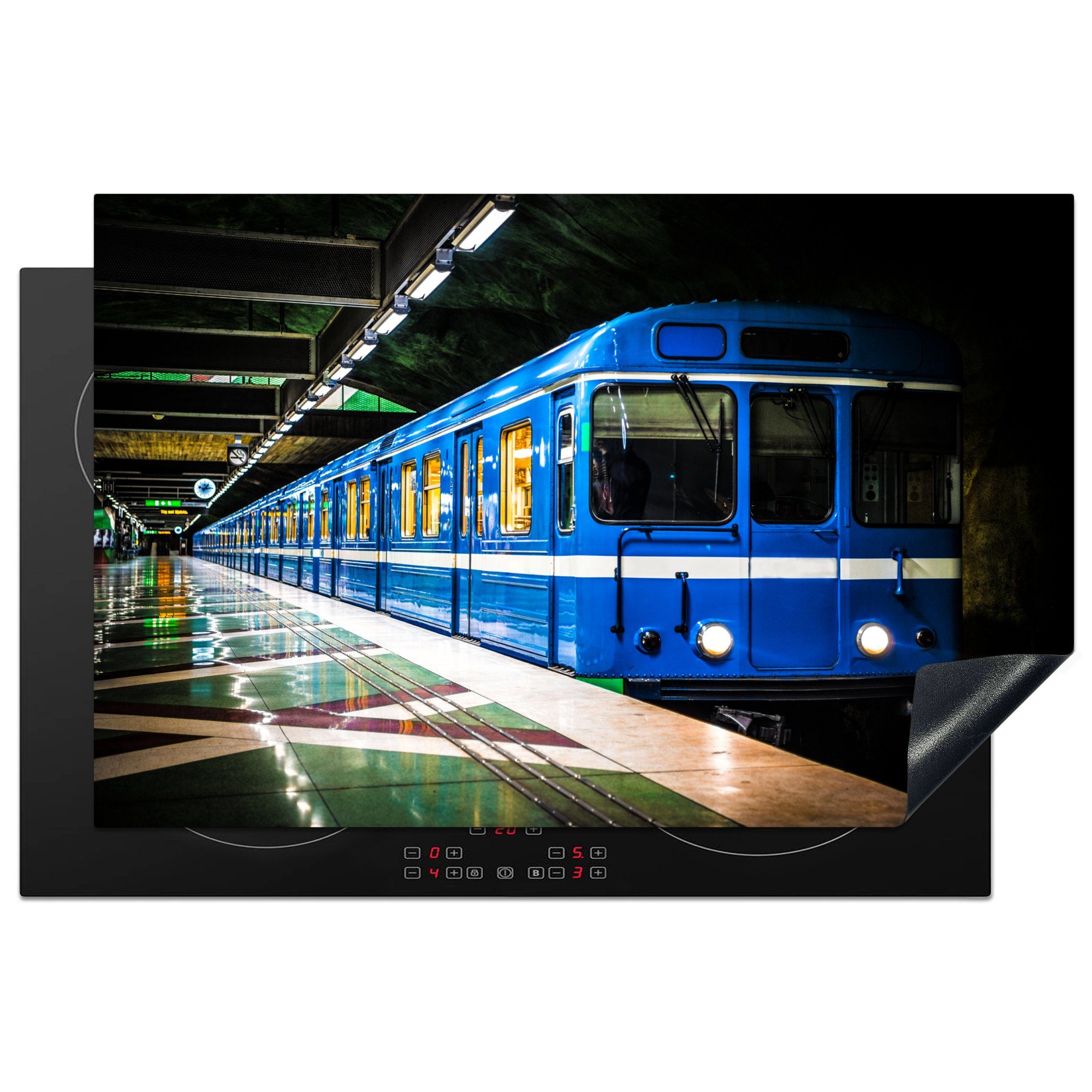 MuchoWow Herdblende-/Abdeckplatte Dunkle U-Bahn-Station mit blauem Zug, Vinyl, (1 tlg), 81x52 cm, Induktionskochfeld Schutz für die küche, Ceranfeldabdeckung