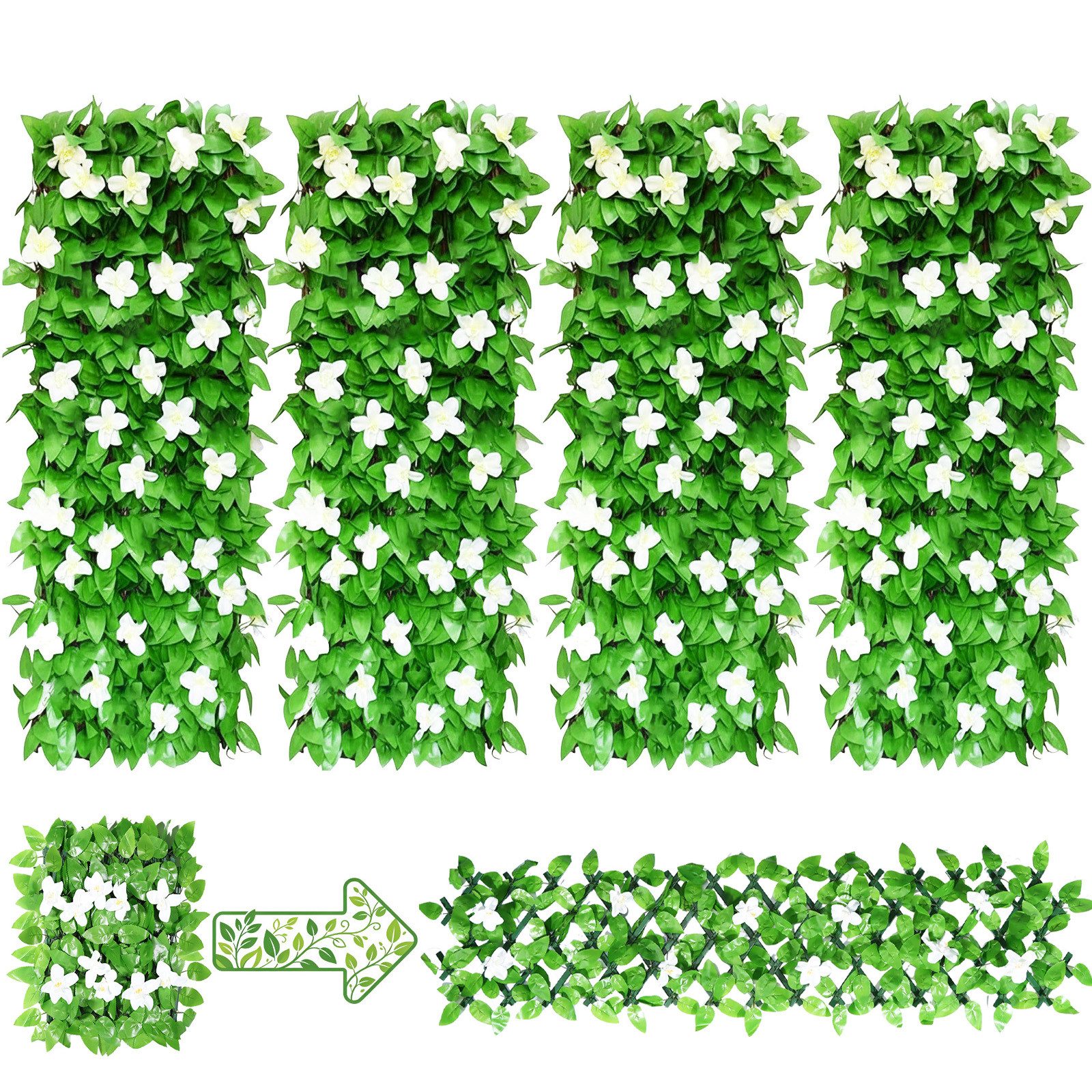 BlingBin Gartenzaun Ausziehbare Künstliche Blumenzaun, Max. 200 cm Efeu-Zaun-Sichtschutz, (4er Set, 4-St., Maße im ungestreckten Zustand: 20 x 40 cm), Erweiterbares Garten-Sichtschutz-Hecke mit Blume für Balkon, Terrasse