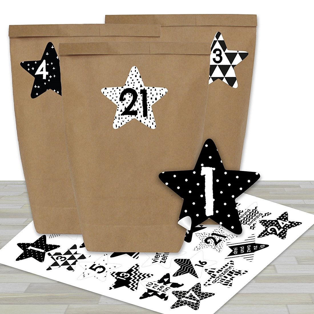 PAPIERDRACHEN befüllbarer Adventskalender STERNE mit 24 Kraftpapiertüten und Zahlenaufklebern in Sternform, Made in Germany
