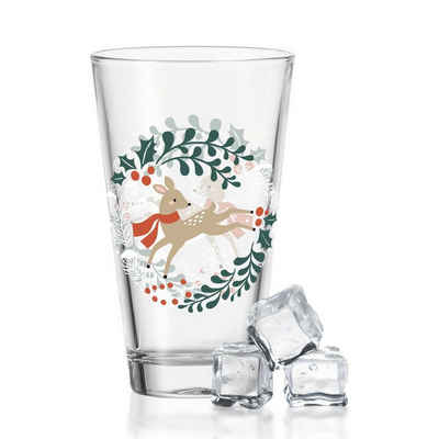 GRAVURZEILE Glas Wasserglas mit UV-Druck - Winterreh Motiv - zu Weihnachten, Glas