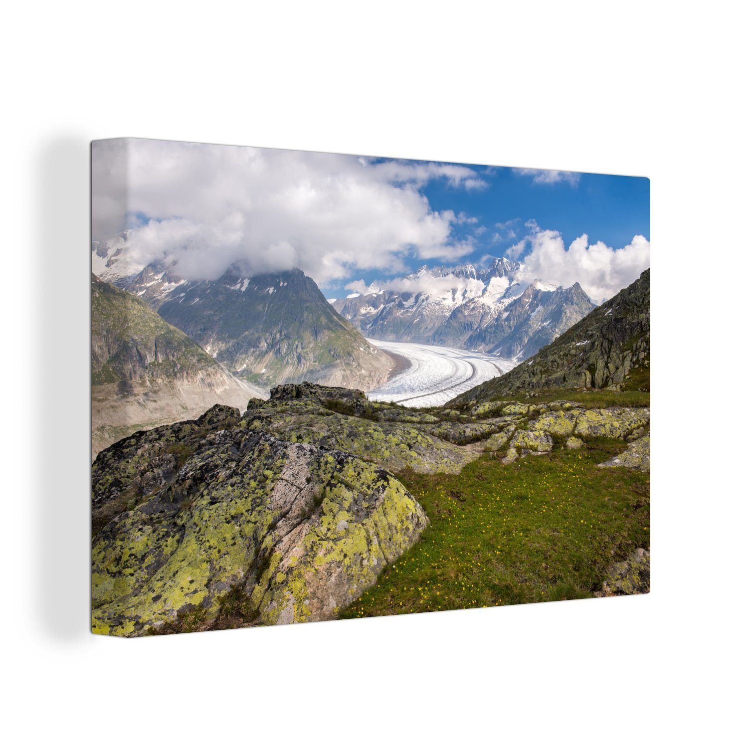 OneMillionCanvasses® Leinwandbild Der Aletschgletscher in der Schweiz mit einer grünen Bergspitze und, (1 St), Wandbild Leinwandbilder, Aufhängefertig, Wanddeko, 30x20 cm