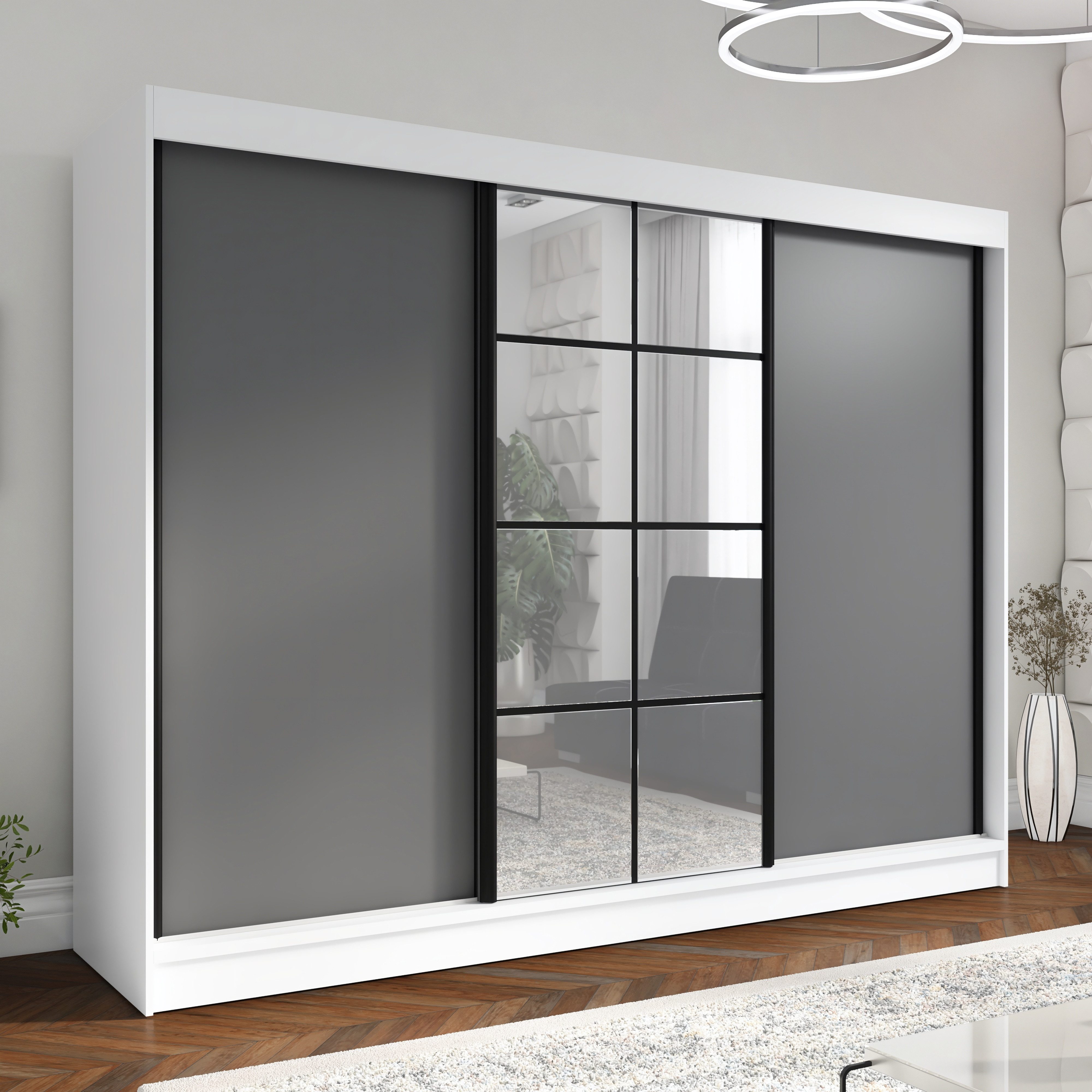 A&J MöbelLand GmbH Schiebetürenschrank ORAVELLE 3-türiger Kleiderschrank mit Spiegel, 4 Schubladen (TOP ANGEBOT! Geräumiger Schrank mit einer Breite von 200 cm und Spiegel, ideal zur Aufbewahrung von Kleidung und Accessoires. 4 Schubladen gratis und viel Stauraum. TOP PRODUKT! Wählen Sie das ideale Modell für Ihr Schlafzimmer!, Gratis 4 Schubladen – Katalogpreis der Schubladen 219 Euro) Breite: 200 cm, Höhe: 215 cm, Tiefe: 59,5 cm