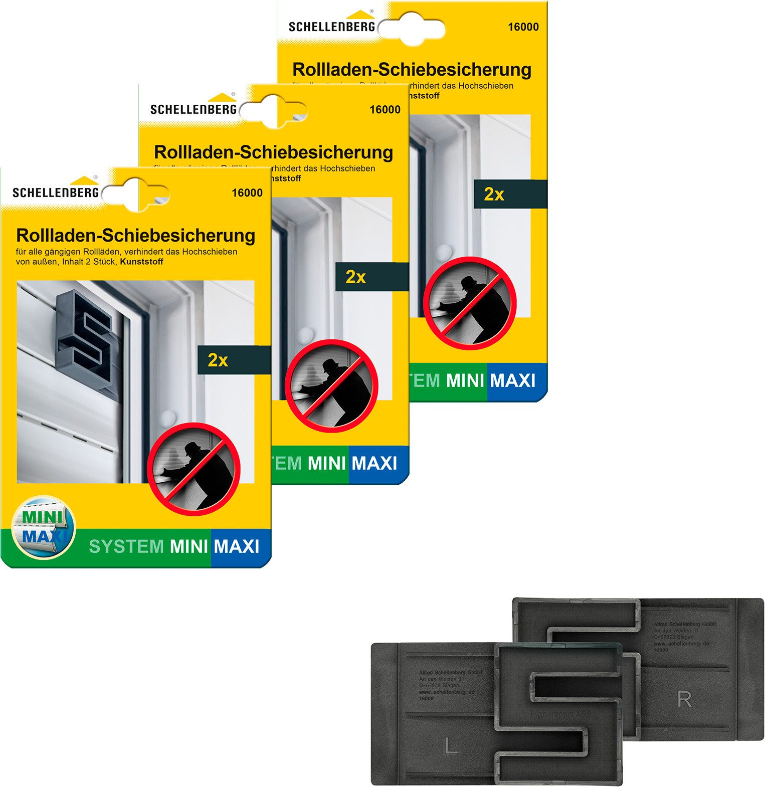 SCHELLENBERG Rollladensicherung gegen Hochschieben des Rollladens, System Mini und Maxi (Set, 6-tlg), Rollladen-Schiebesicherung, einbruchshemmend