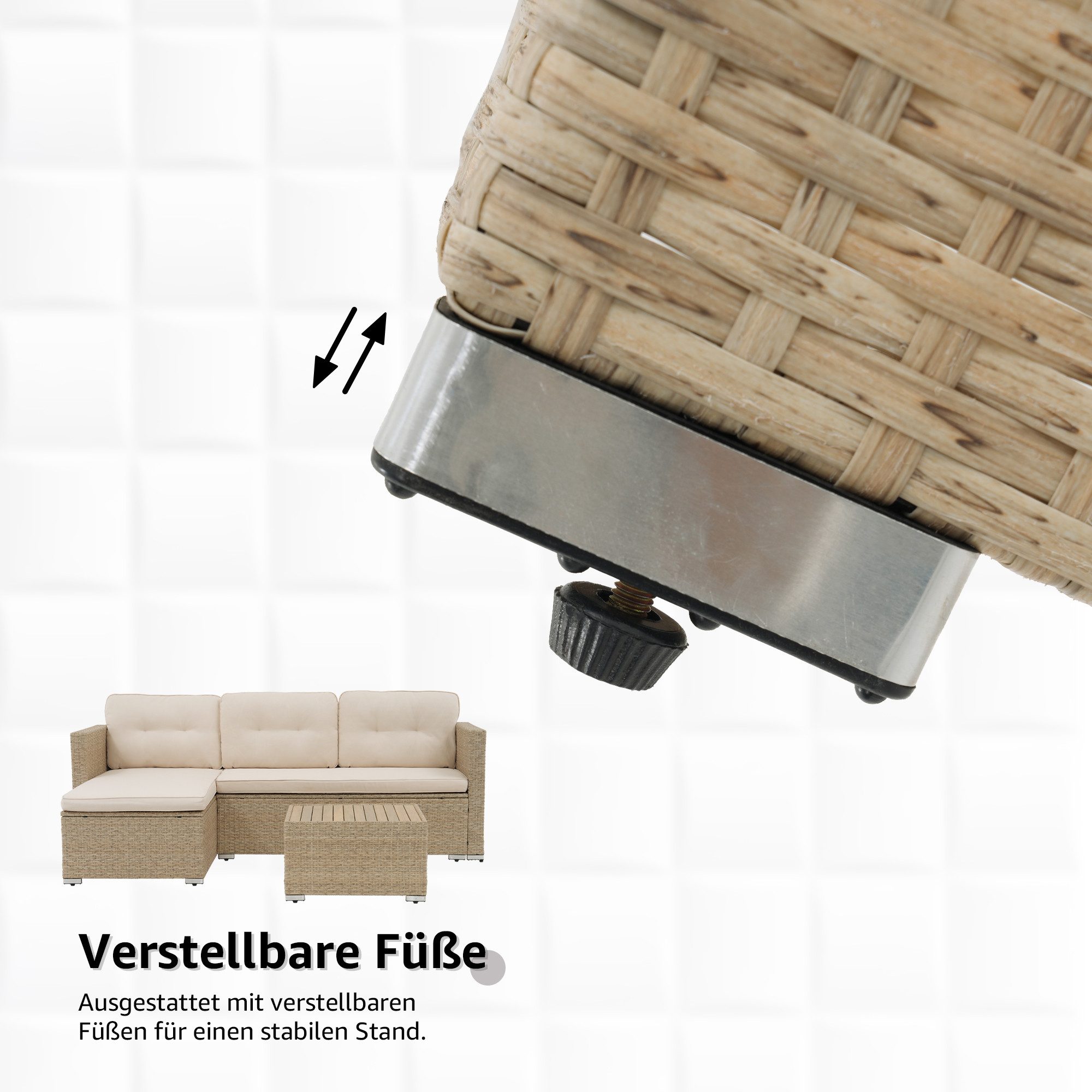 Sunsitt Gartenlounge-Set 3-tlg Gartenlounge Set, Gartensofa Set mit Couchtisch, (Outdoor Sitzgruppe für 3-4 Personen, Wetterfest&Stabil,Sitzecke für Garten, Terrasse, Hinterhof, Balkon), Beige Rattan&Beige Kissen