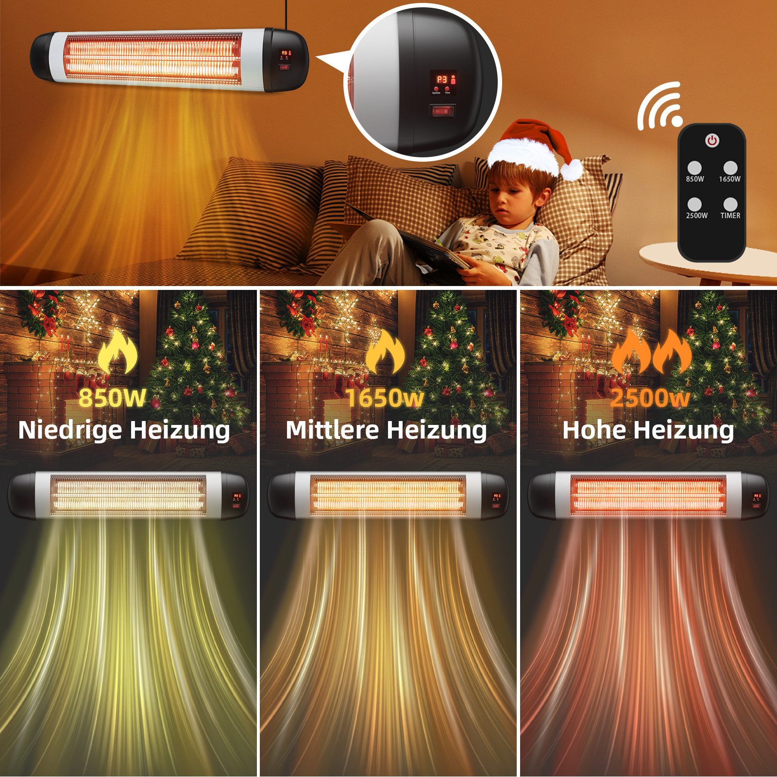 ZMH Heizlüfter Terrasse Infrarotheizung - 2500W 3 Heizstufen Wandmontage für Garten, 2500 W, mit Fernbedienung 850W-2500W Elektrisch Wärmestrahler