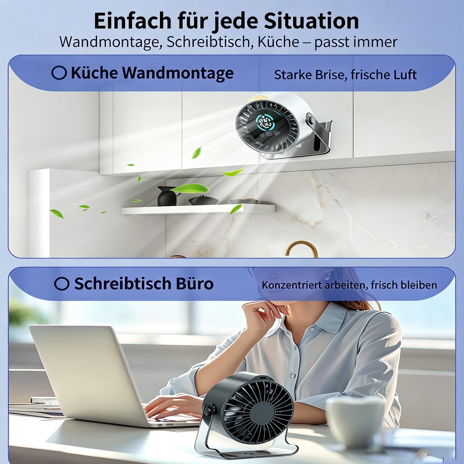 MOPUEA Tischventilator 2-in-1-Wand-und Tischventilator, 100 Stufen, Leiser Betrieb, 360°-Luftstrom, mit Nachtlicht, USB, für Reisen, Büro und Outdoor