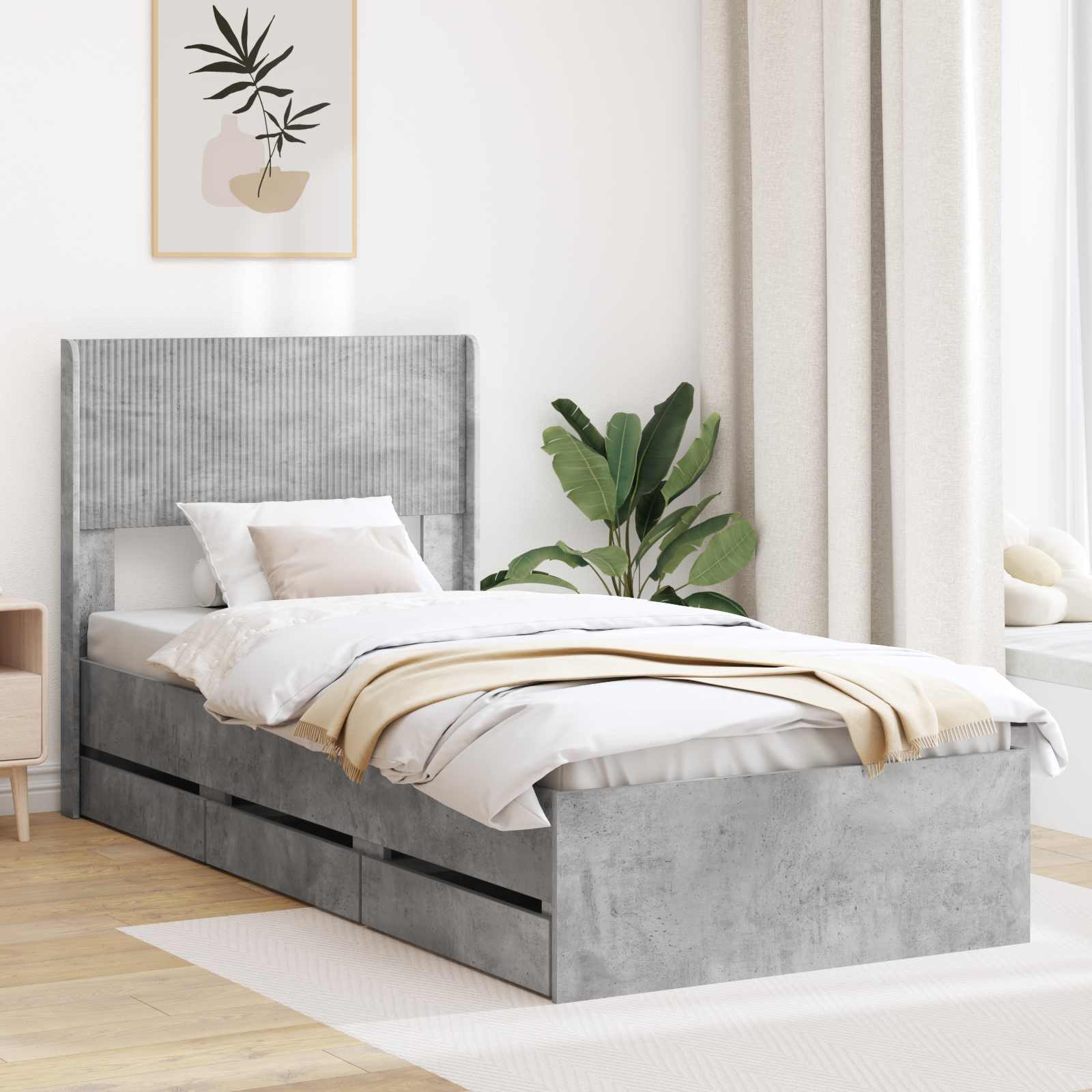 vidaXL Bett Bettgestell mit Stauraum und Kopfteil Betongrau 75 x 190 cm (1-tlg)