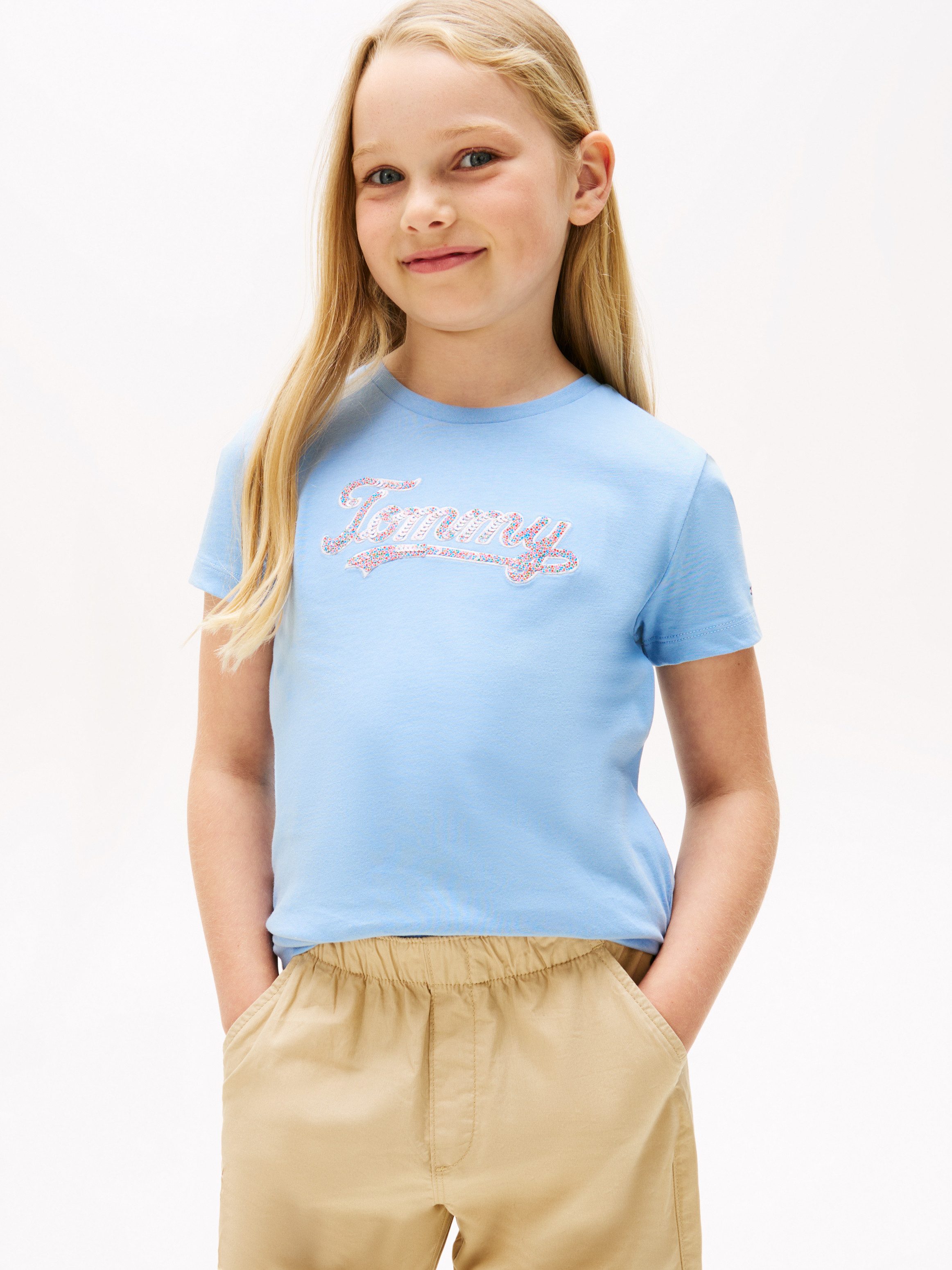 Tommy Hilfiger T-Shirt TOMMY SCRIPT SEQUINS TEE SS für Kinder bis 16 Jahre, mit Pailletten