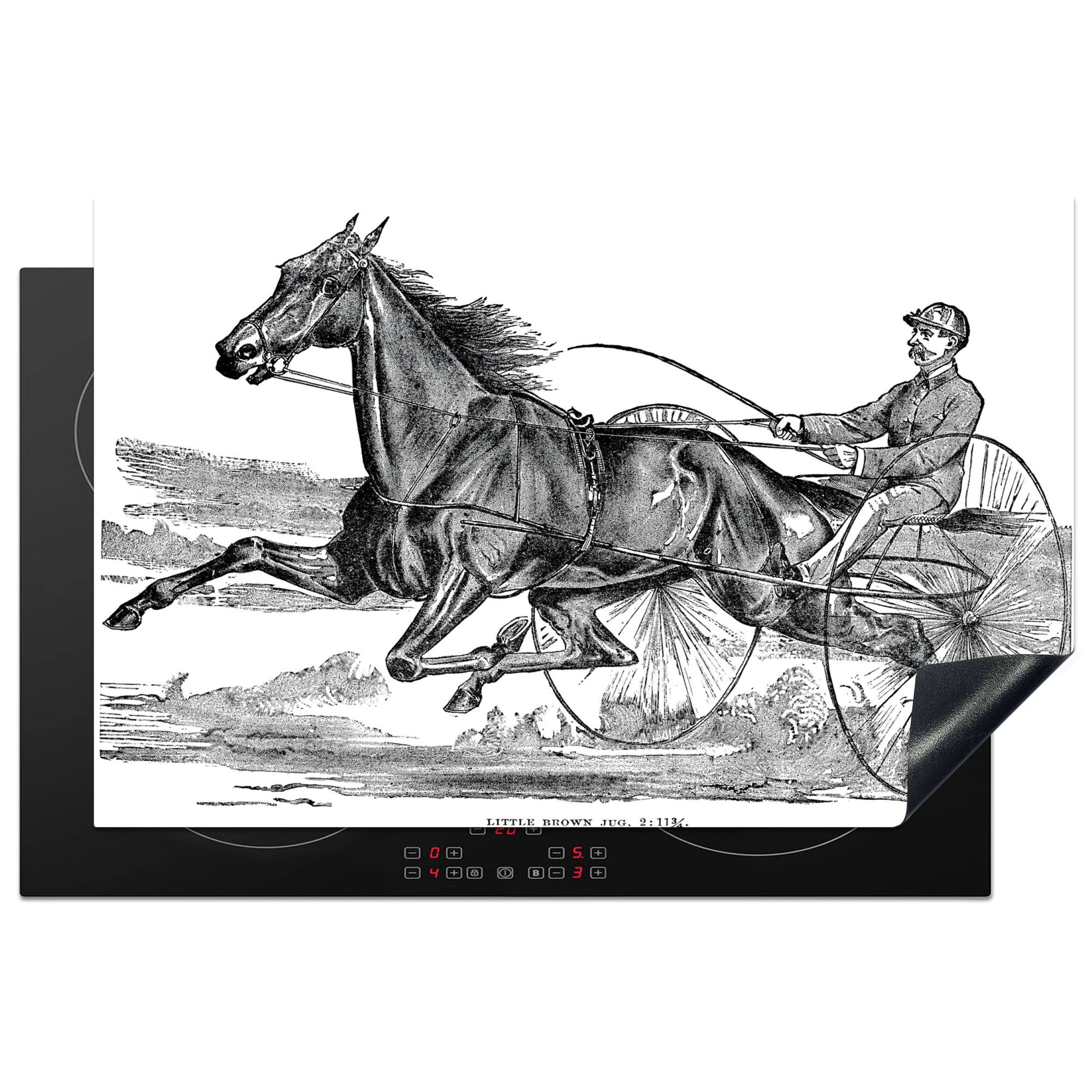 MuchoWow Herdblende-/Abdeckplatte Eine Illustration eines Pferdes in der Trabrennbahn, Vinyl, (1 tlg), 81x52 cm, Induktionskochfeld Schutz für die küche, Ceranfeldabdeckung