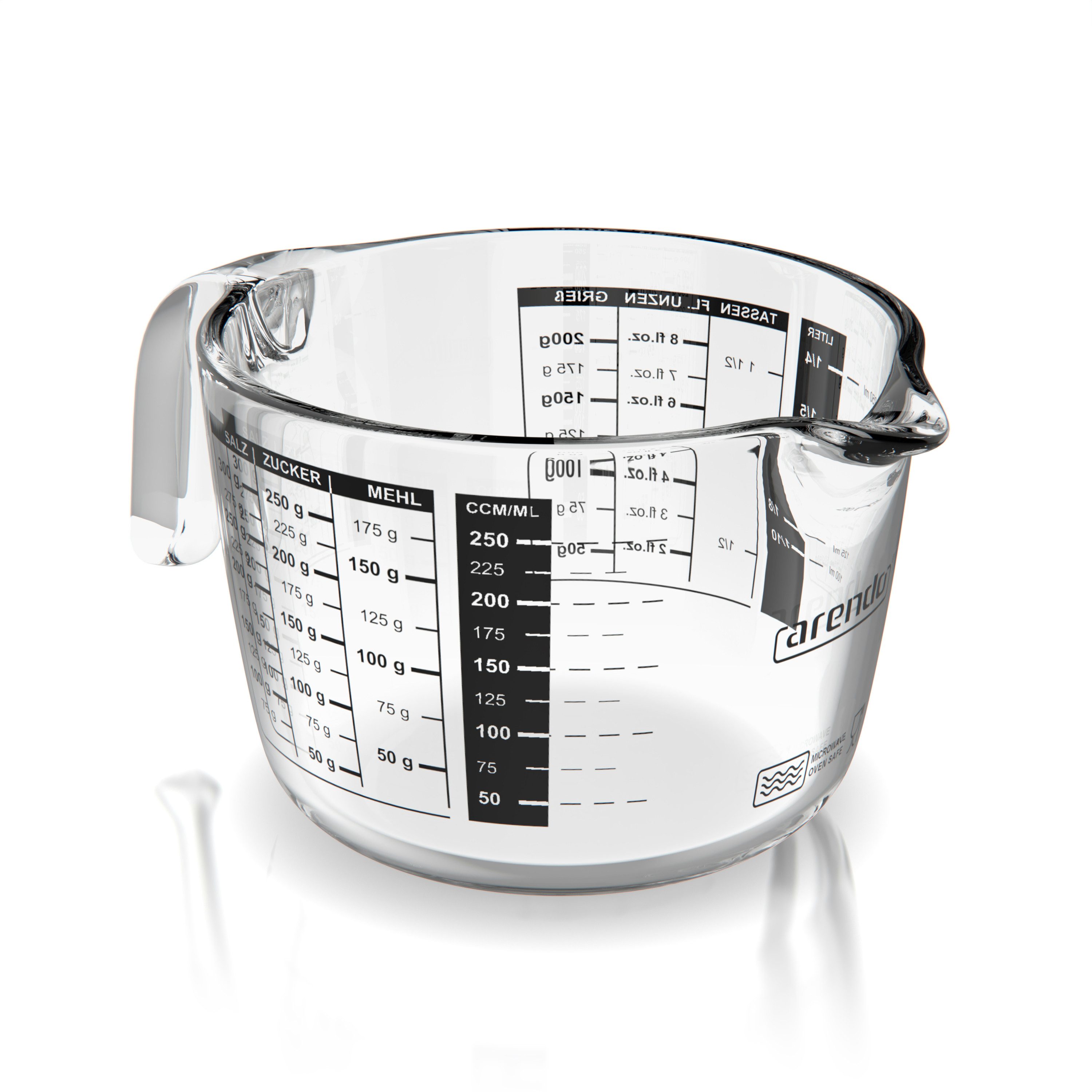 Arendo Messbecher 250 ml Glas Messkrug, Borosilikatglas, Mikrowellengeeignet, Glas, 0,25l, präzise Skala, hitzebeständig, Küchenhelfer mikrowellengeeignet