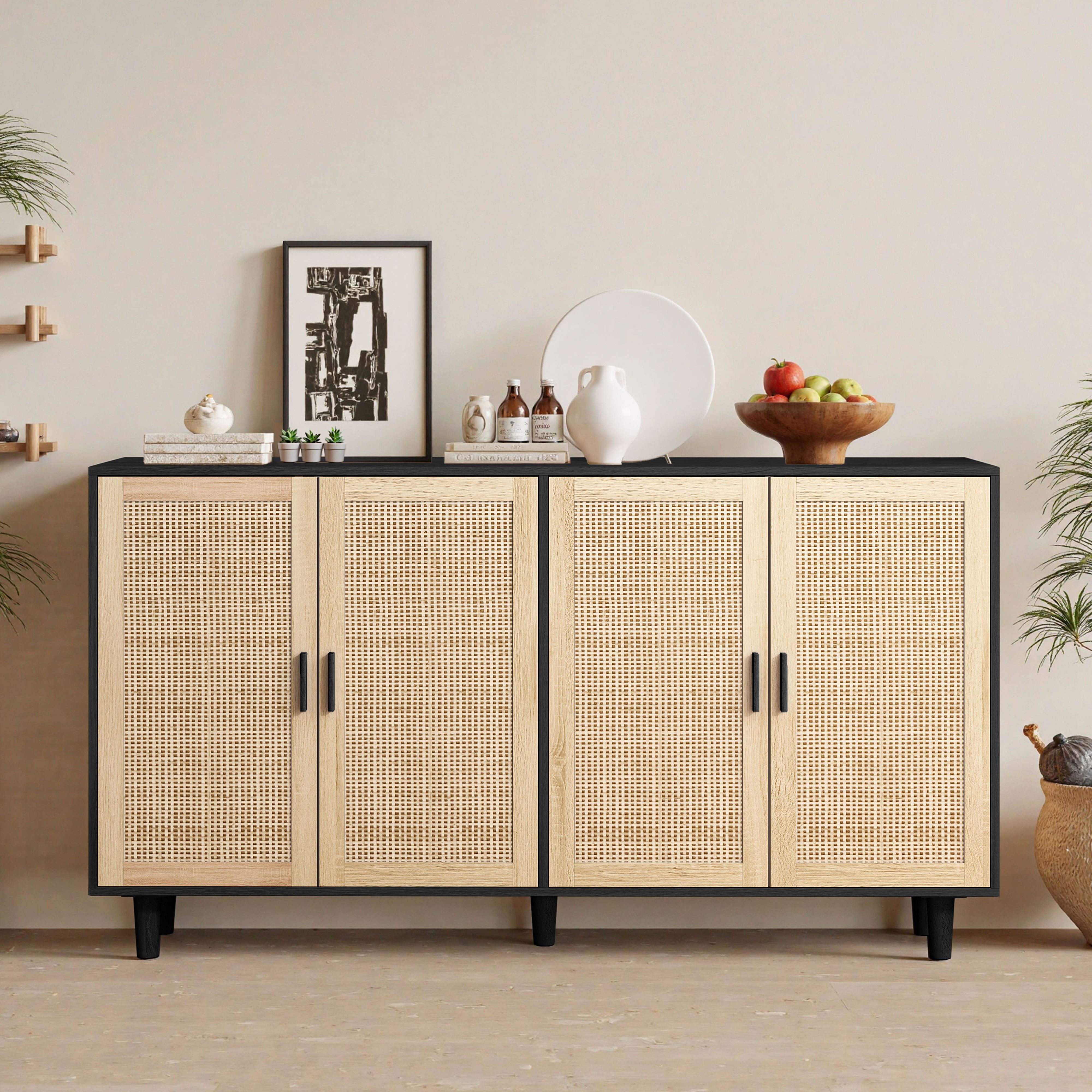 Celya Sideboard 158CM Sideboard Schlafzimmer, Rattanschrank, Aufbewahrungsschrank (Einfache Montage, Schwarz), Eleganter und funktioneller 4-türiger Rattan Schrank für Schlafzimmer