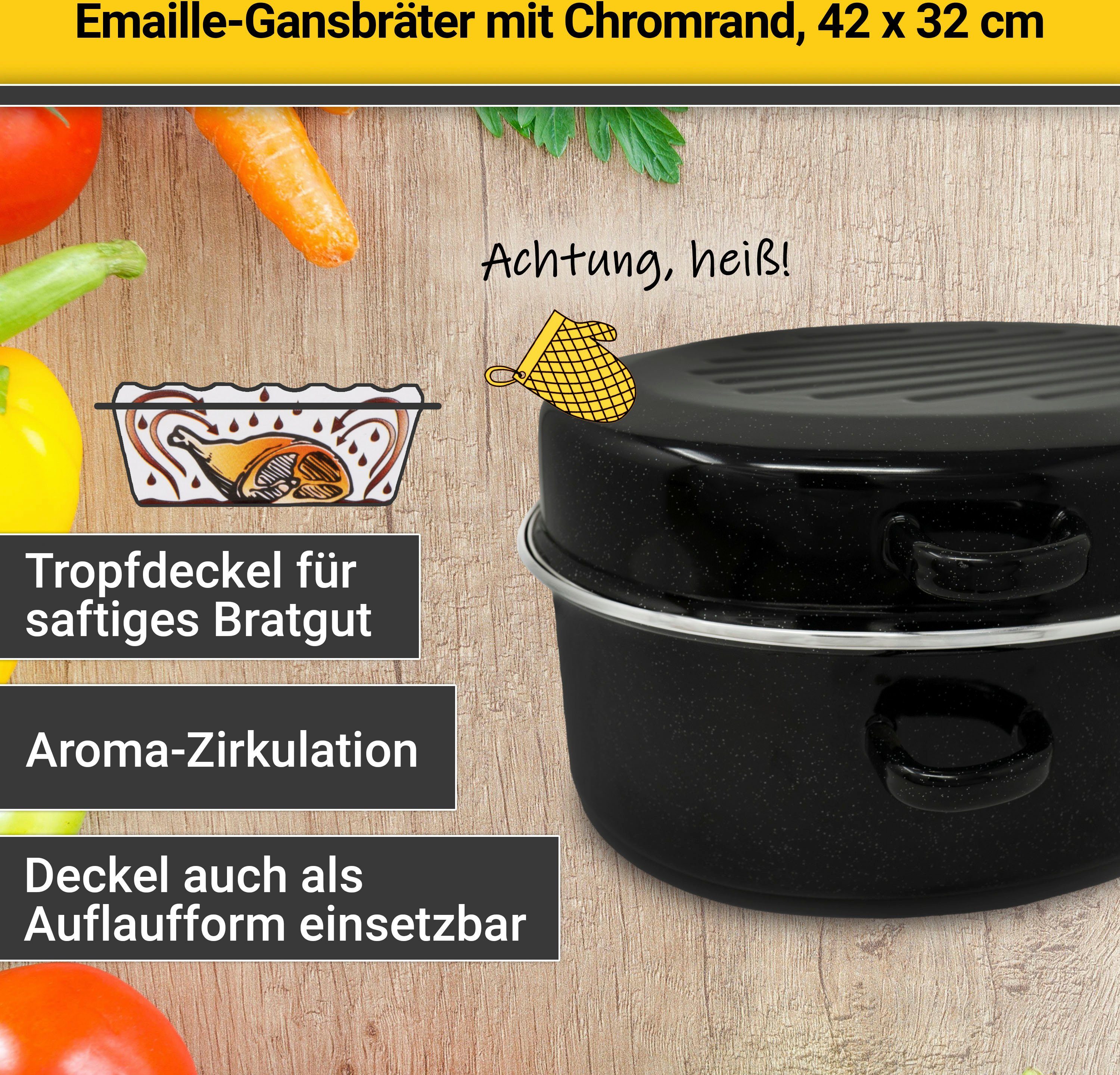 42 cm, emailliertes Induktion mit Bräter, Krüger gesprenkelt Chromrand, Stahlblech,