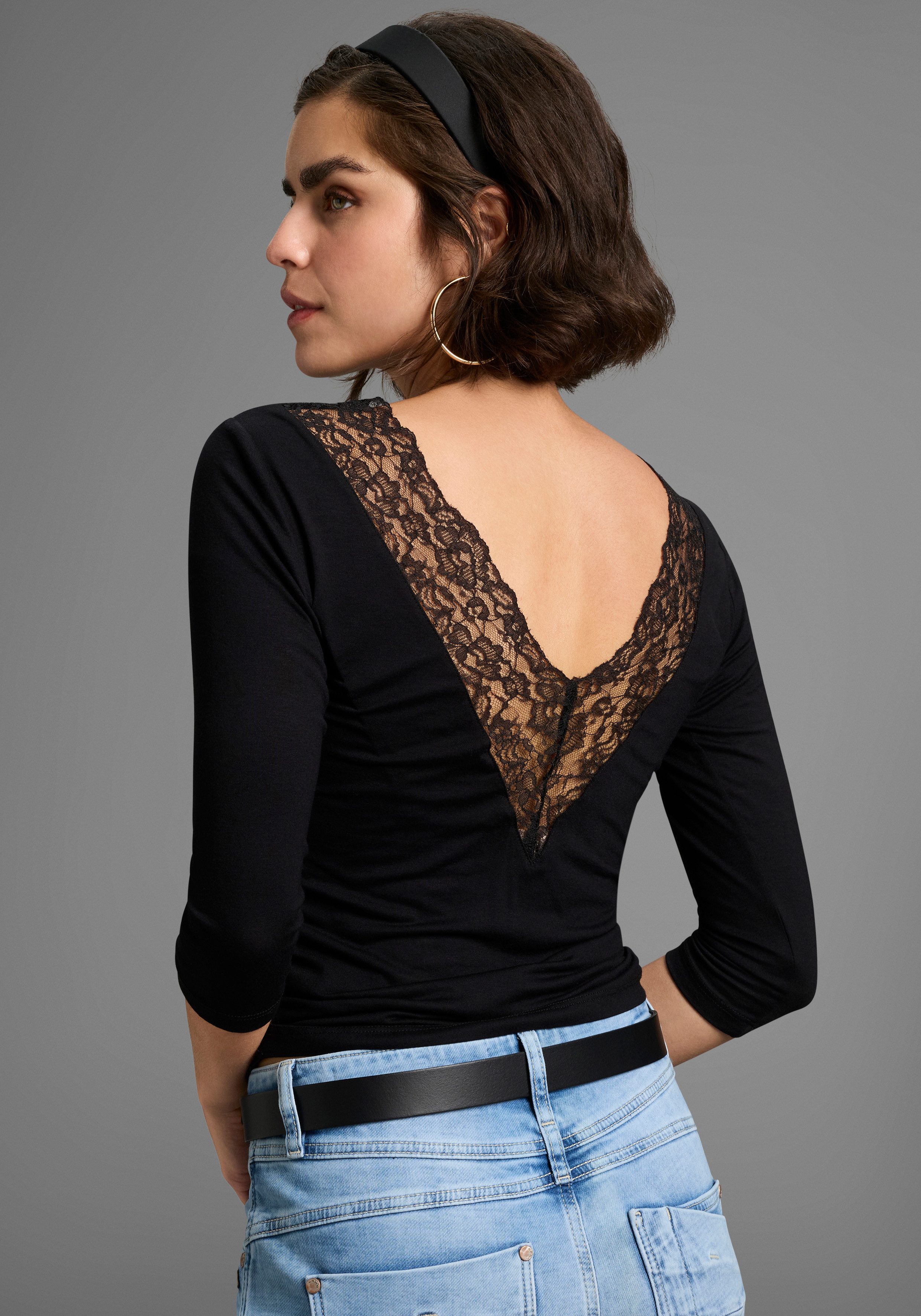 Melrose Rundhalsshirt 3/4-Ärmel, taillierter Schnitt, mit Spitzenkante günstig online kaufen