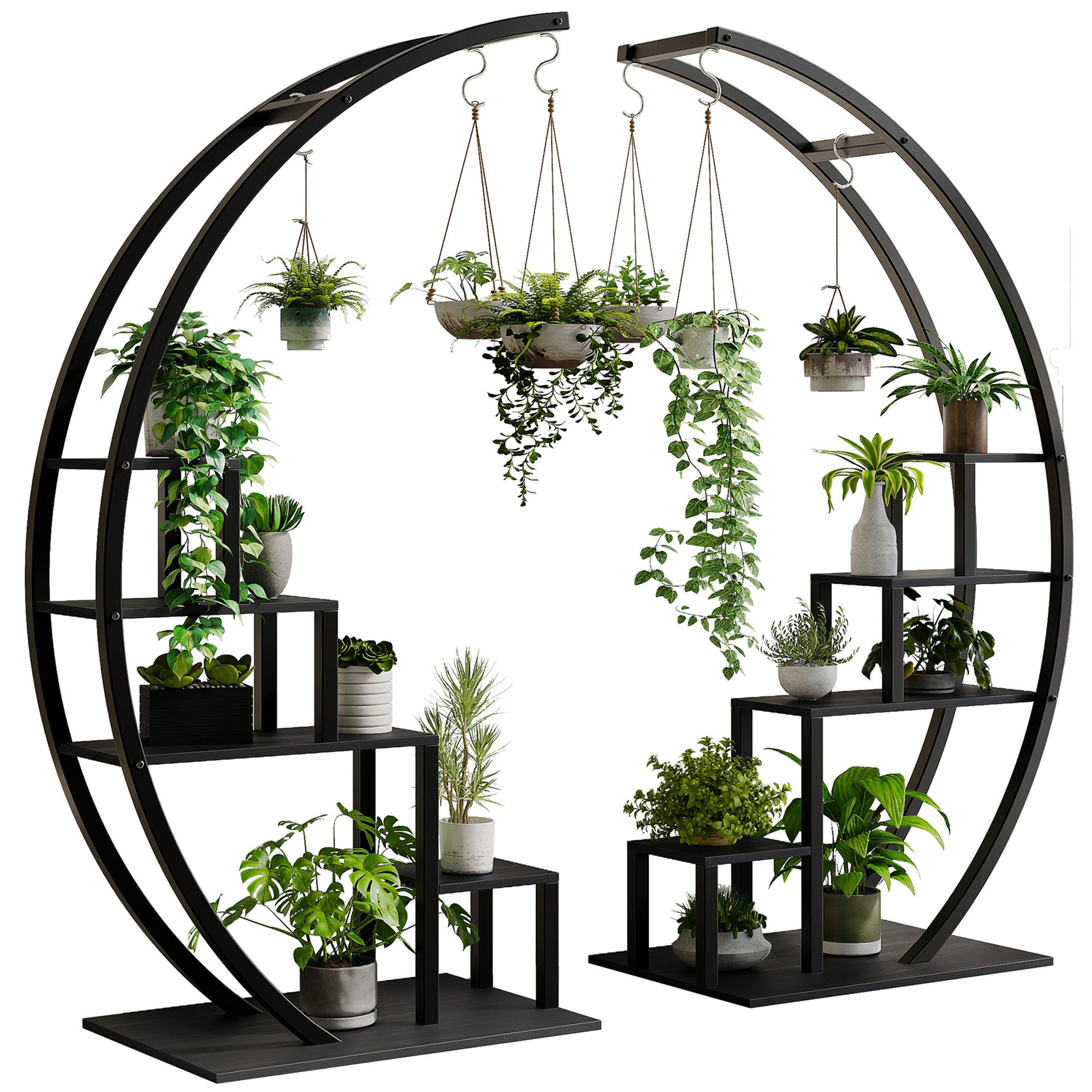 GarveeMore Blumenständer mit 4 haken,5-stufiges hohes Pflanzenständer,142 cm, 2-teiliges Set halbmondförmiges Pflanzenregal für Wohnzimmer