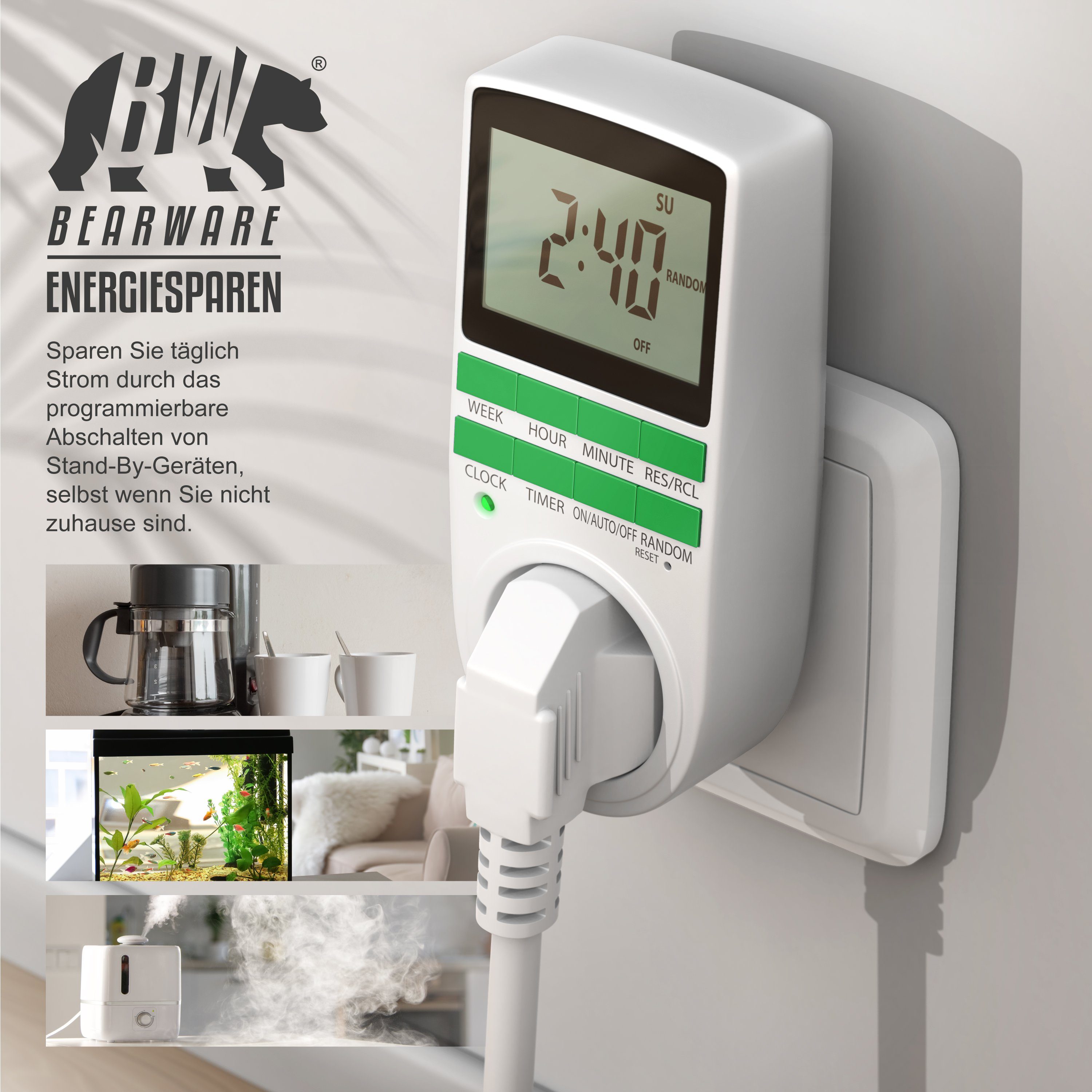 BEARWARE Zeitschaltuhr, digital, 3680W max. Display, programmierbar, 1-St., Timer, LCD Steckdosen