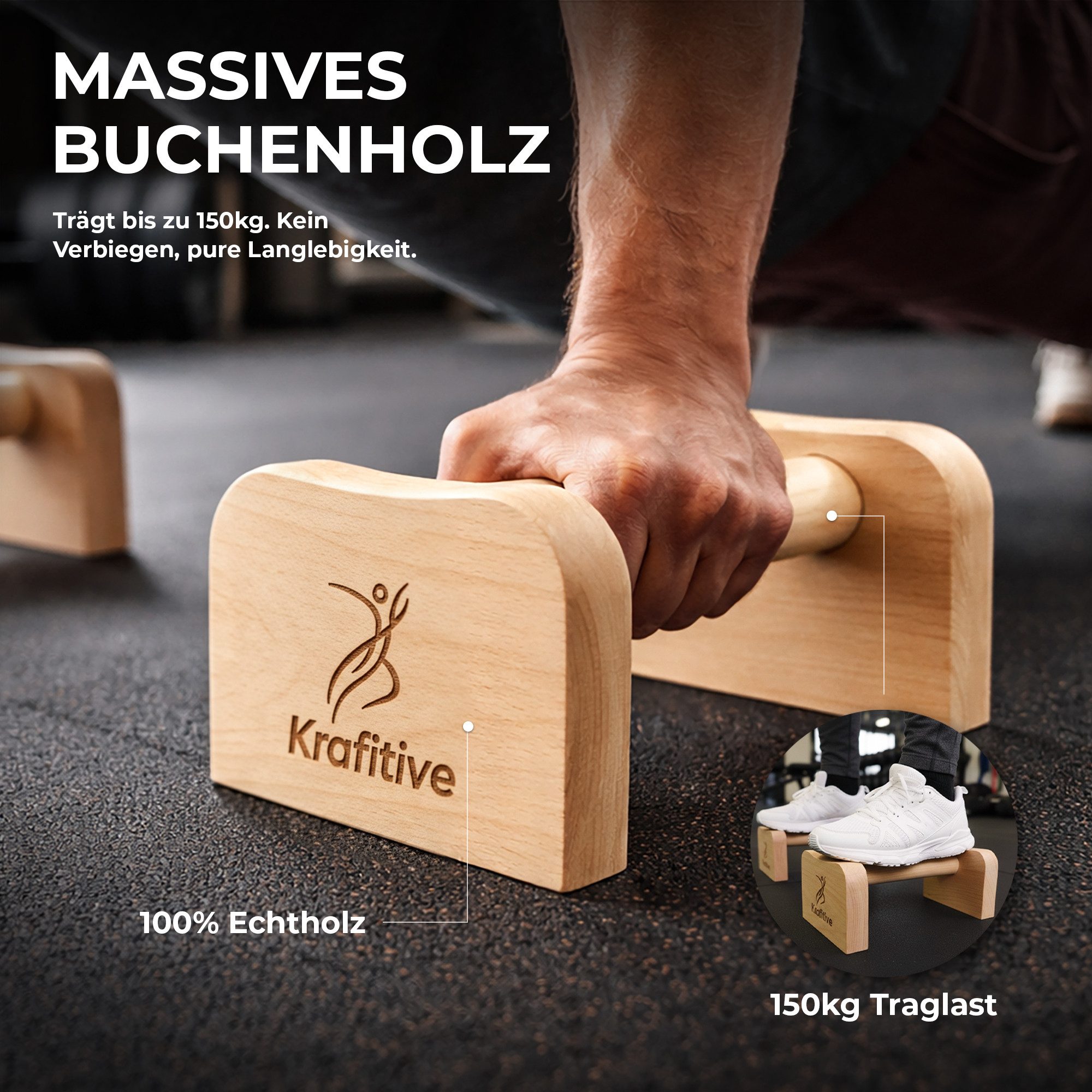 Krafitive Liegestützgriffe Parallettes aus Holz Push Up Bars Handstand Stützen (2-teilig), Massives Buchenholz, belastbar bis 150kg, ergonomisch & rutschfest.