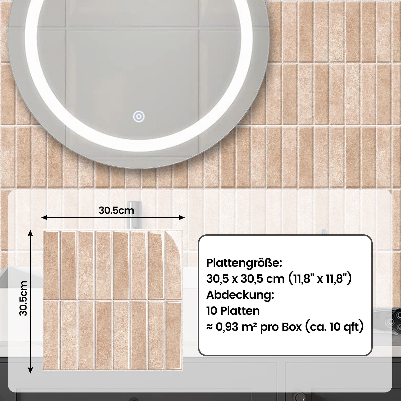 Bundviel 3D Wandpaneel 10stk. Selbstklebend 3D Fliesenaufkleber Küchenrückwand Wasserdicht, BxL: 30,5x30,5 cm, 0,9 qm, für Küche Bad
