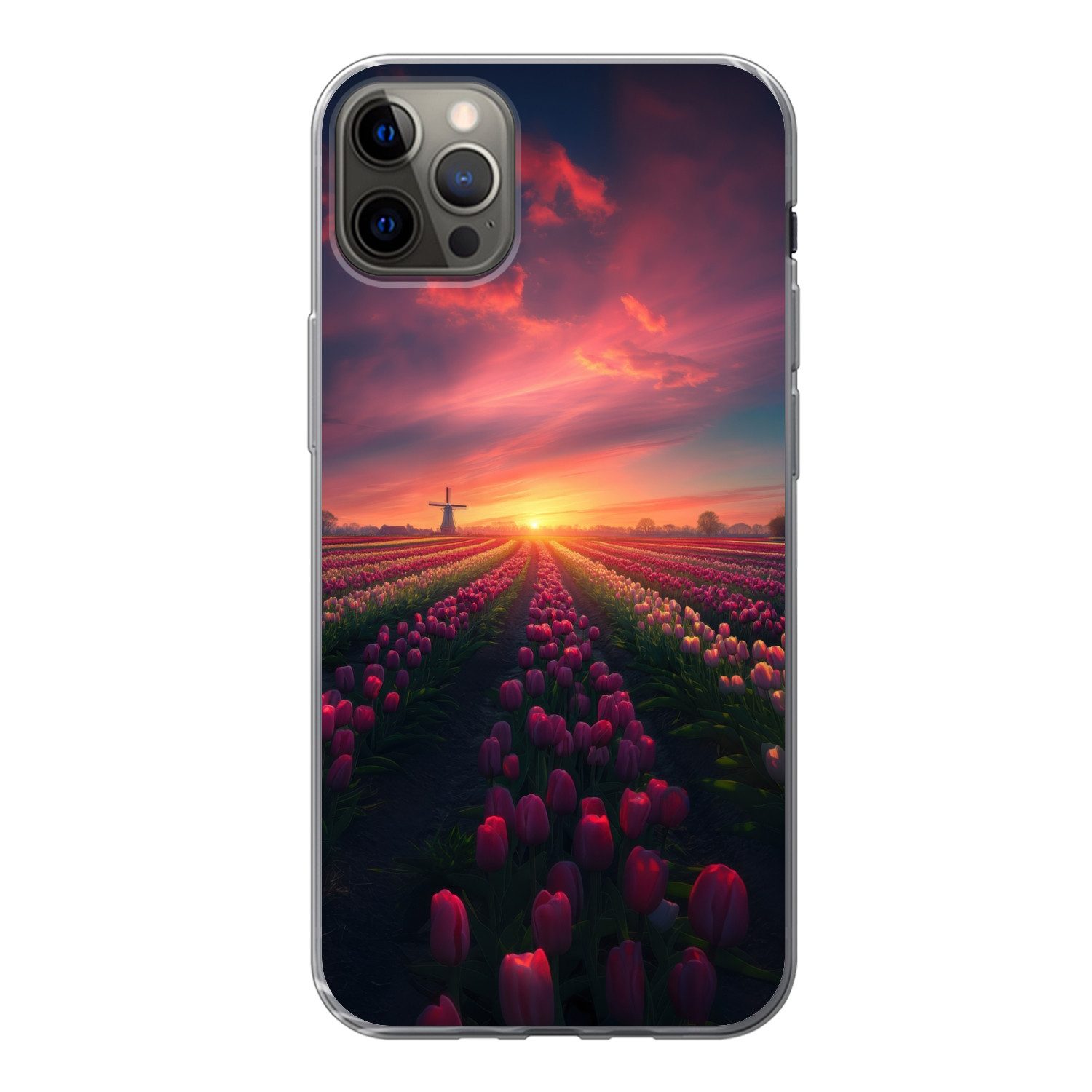 MuchoWow Handyhülle für Apple iPhone 13 Pro Max Windmühle - Sonnenuntergang - Landschaft, Smartphone-Bumper, Print, Handy Schutzhülle Dünn