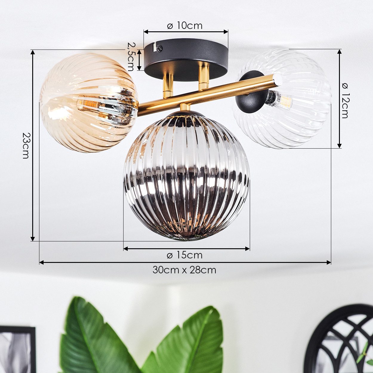 hofstein Deckenleuchte Deckenlampe aus Metall/Riffelglas in Schwarz/Gold/Rauch/Bernstein/Klar, ohne Leuchtmittel, Deckenleuchte im modernen Vintage-Design (Schirme Ø 12; 15 cm), 3 x G9