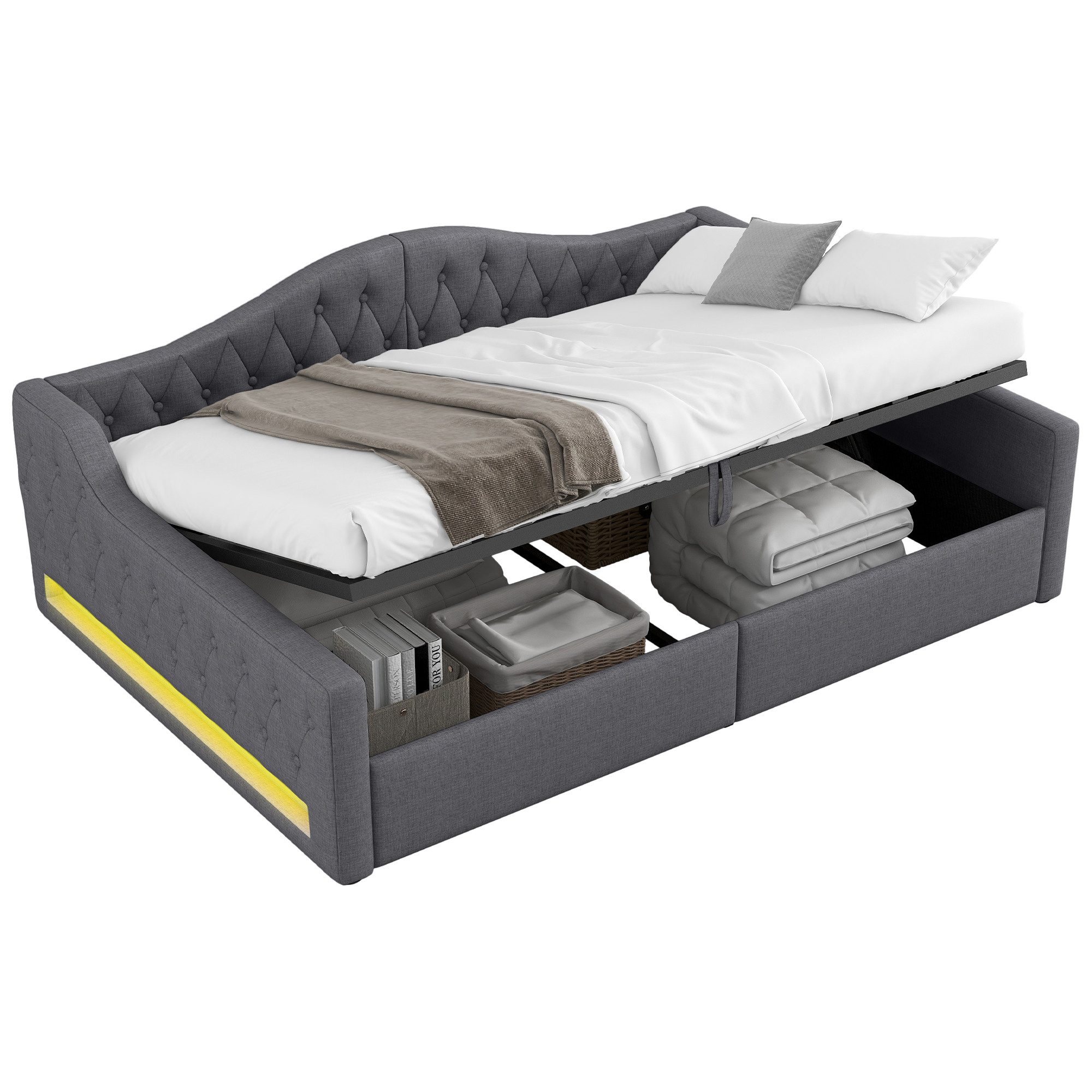 SOFTWEARY Schlafsofa mit Bettfunktion, 140x200 cm, Polsterbett mit LED-Beleuchtung, Lattenrost und Stauraum, Doppelbett, Stauraumbett, Leinen