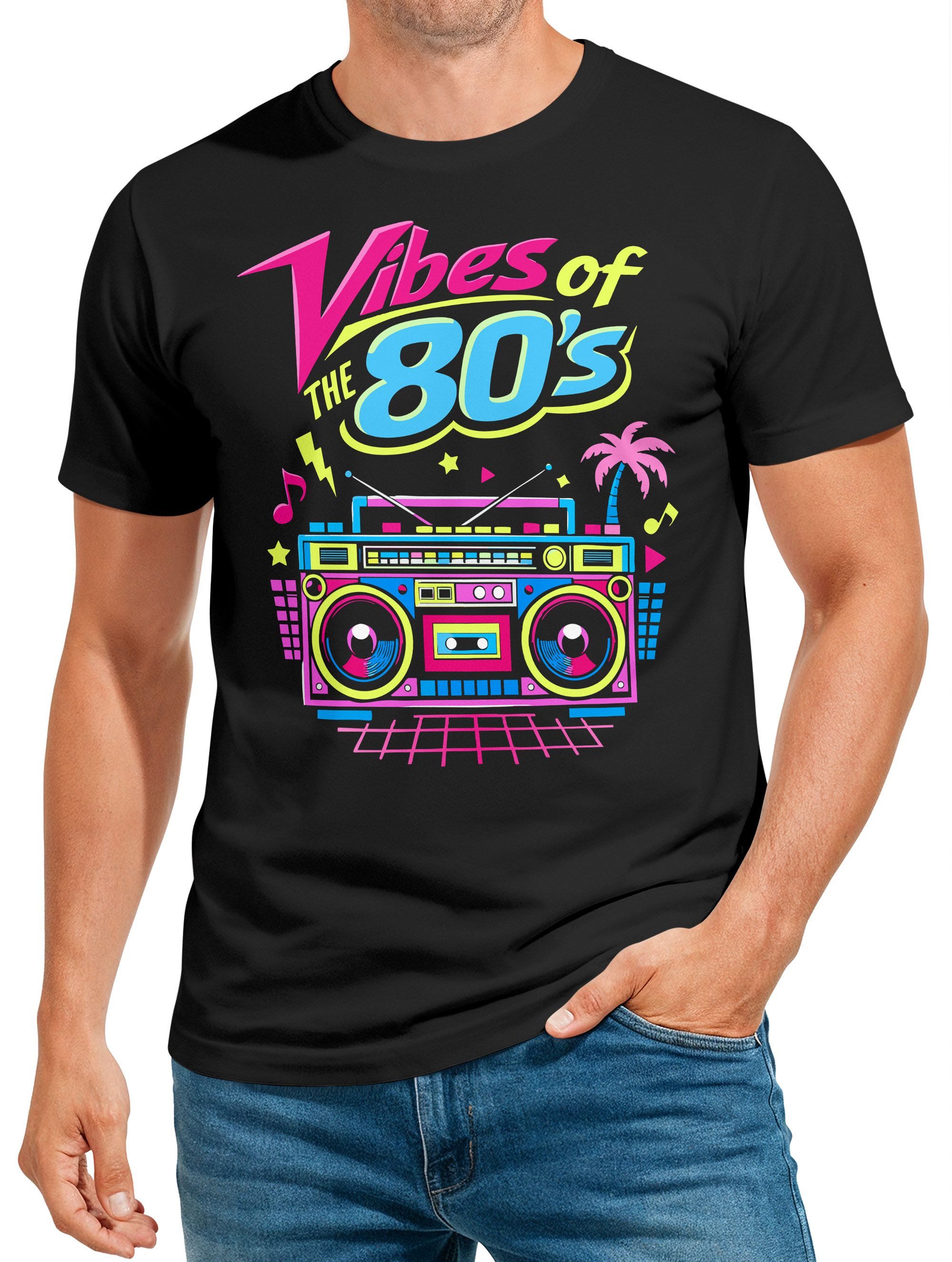 MoonWorks Print-Shirt Herren T-Shirt Fasching Karneval - Vibes of 80s - Kos günstig online kaufen