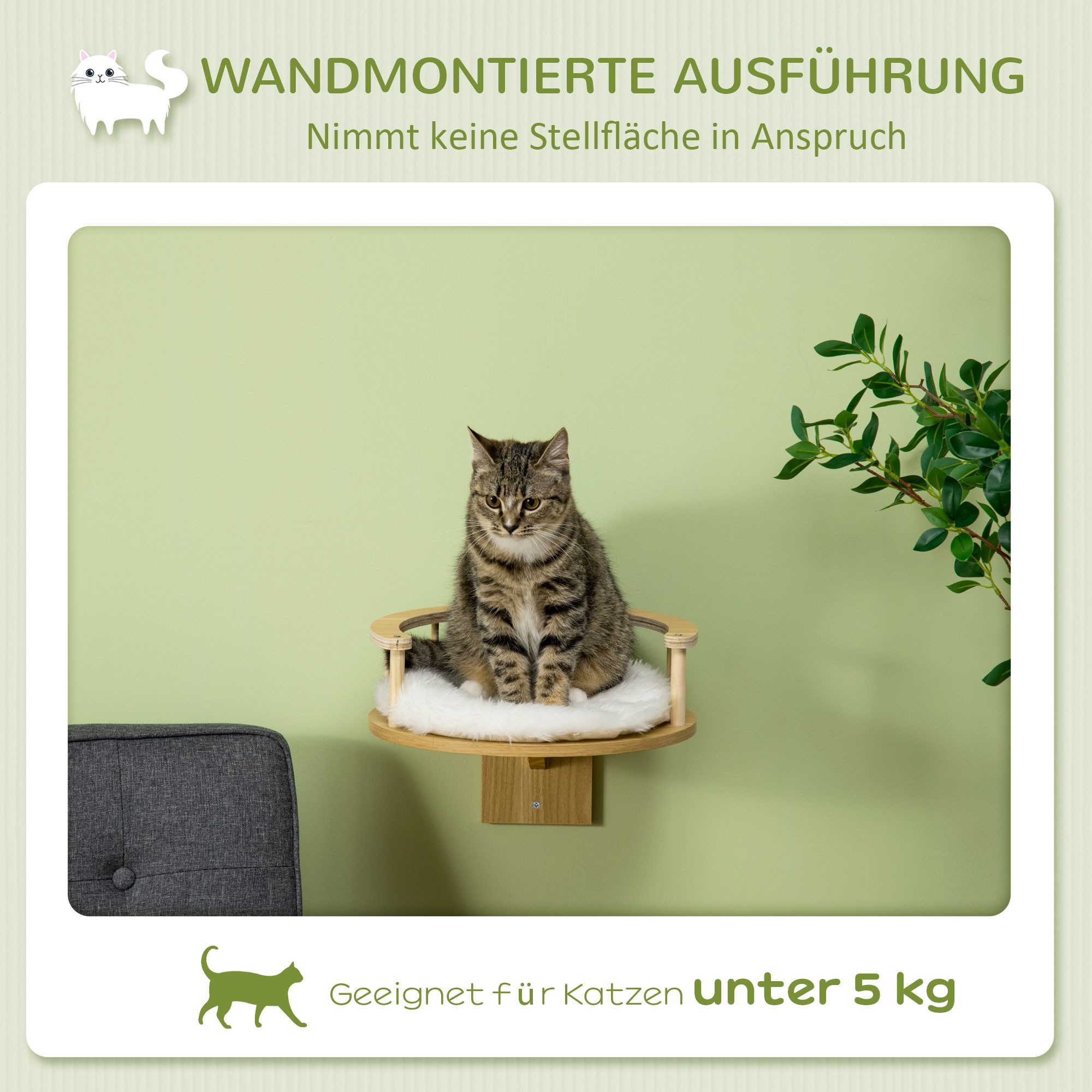 furnicato Kratzbaum Katzen-Wandliege Ø34 x 10,5H cm Eiche+Cremeweiß, Kletterbett mit waschbarem Kissen und Schutzrand für bis zu 5 kg Katze
