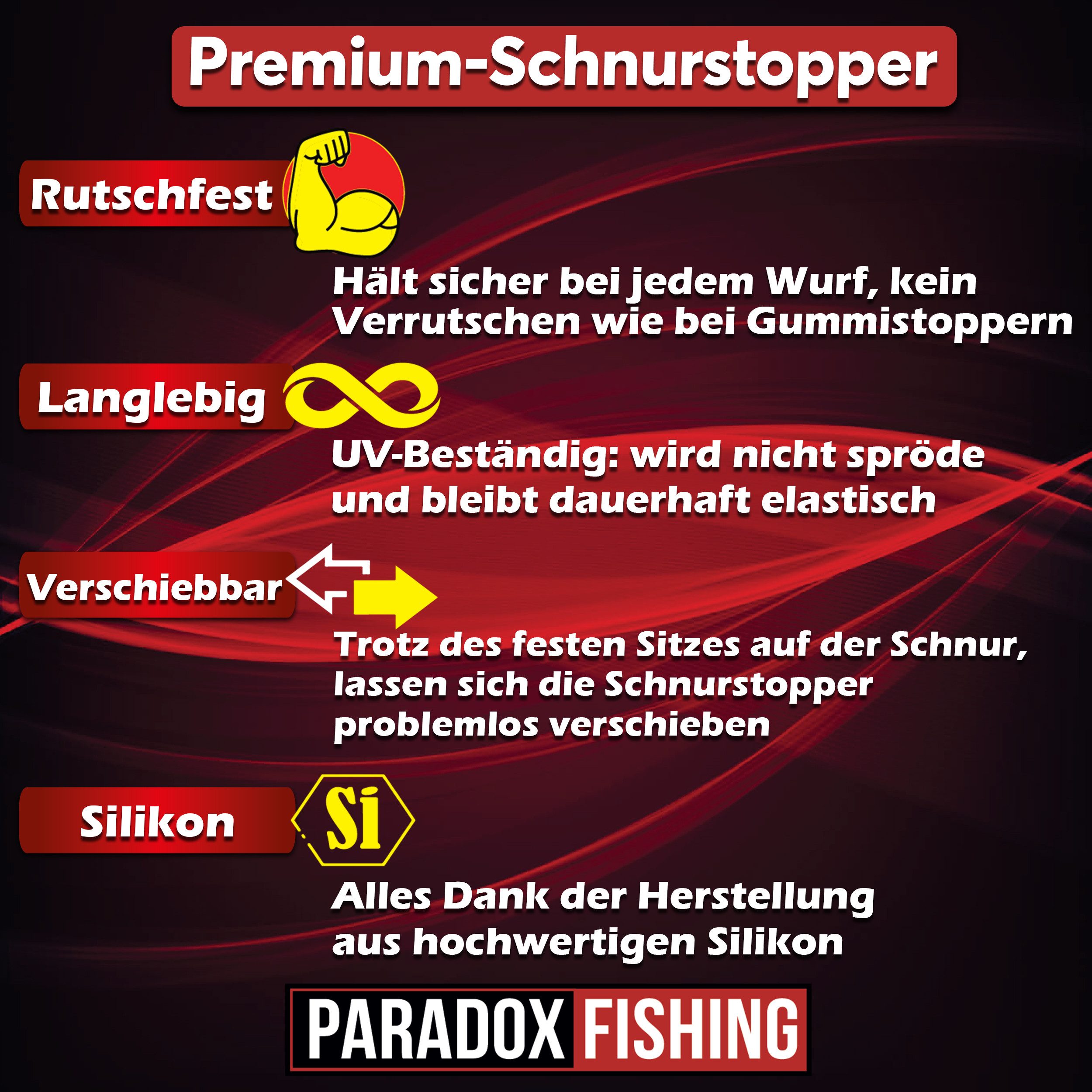 Paradox Fishing Schnurstopper Silkon Schnurstopper Set 3 Größen 60 Stück für Schnur 0,10mm-0,45mm, inkl. Gummiperlen, kein Verrutschen beim Werfen