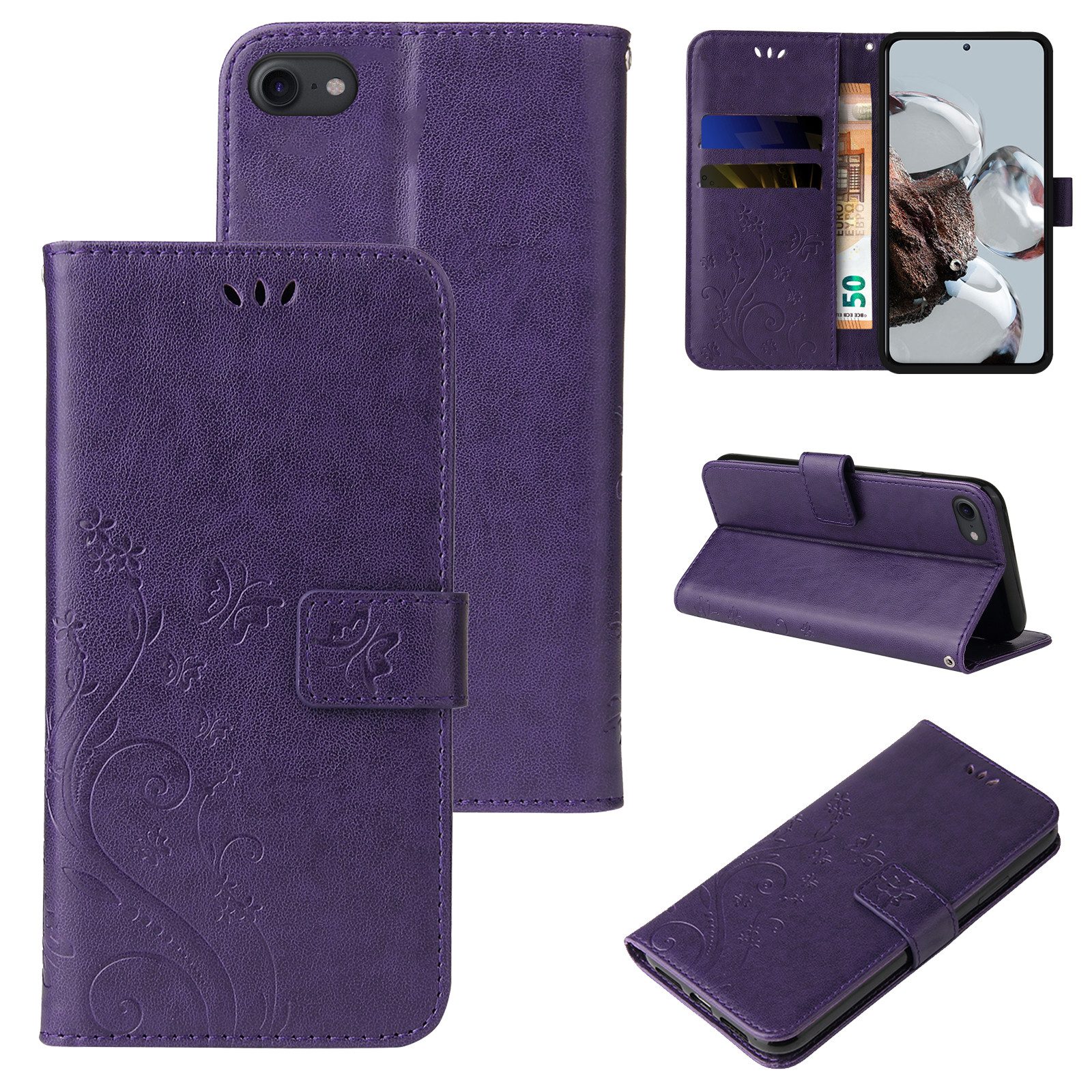 Tec-Expert Handyhülle Cover Tasche Hülle für Apple iPhone 7 / 8 / SE (2020) 4,7 Zoll, Klapphülle Case mit Kartenfach Fliphülle aufstellbar, Motiv Blumen