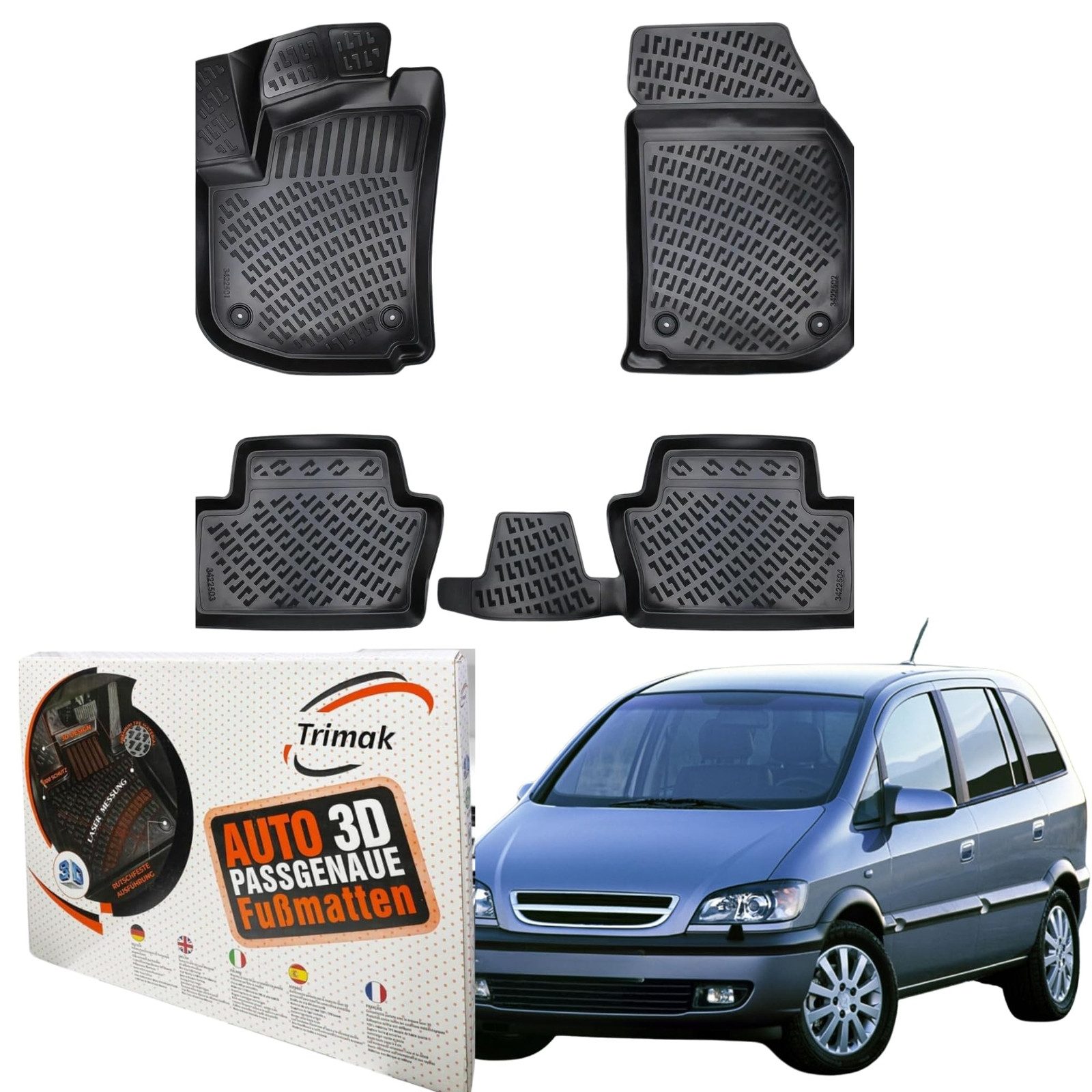 Trimak Passform-Fußmatten Oder Kofferraumwanne Oder Set kompatibel mit Opel Zafira, Opel Zafira A 1999–2005 Gummimatten Auto TPE Allwetter Fussmatten