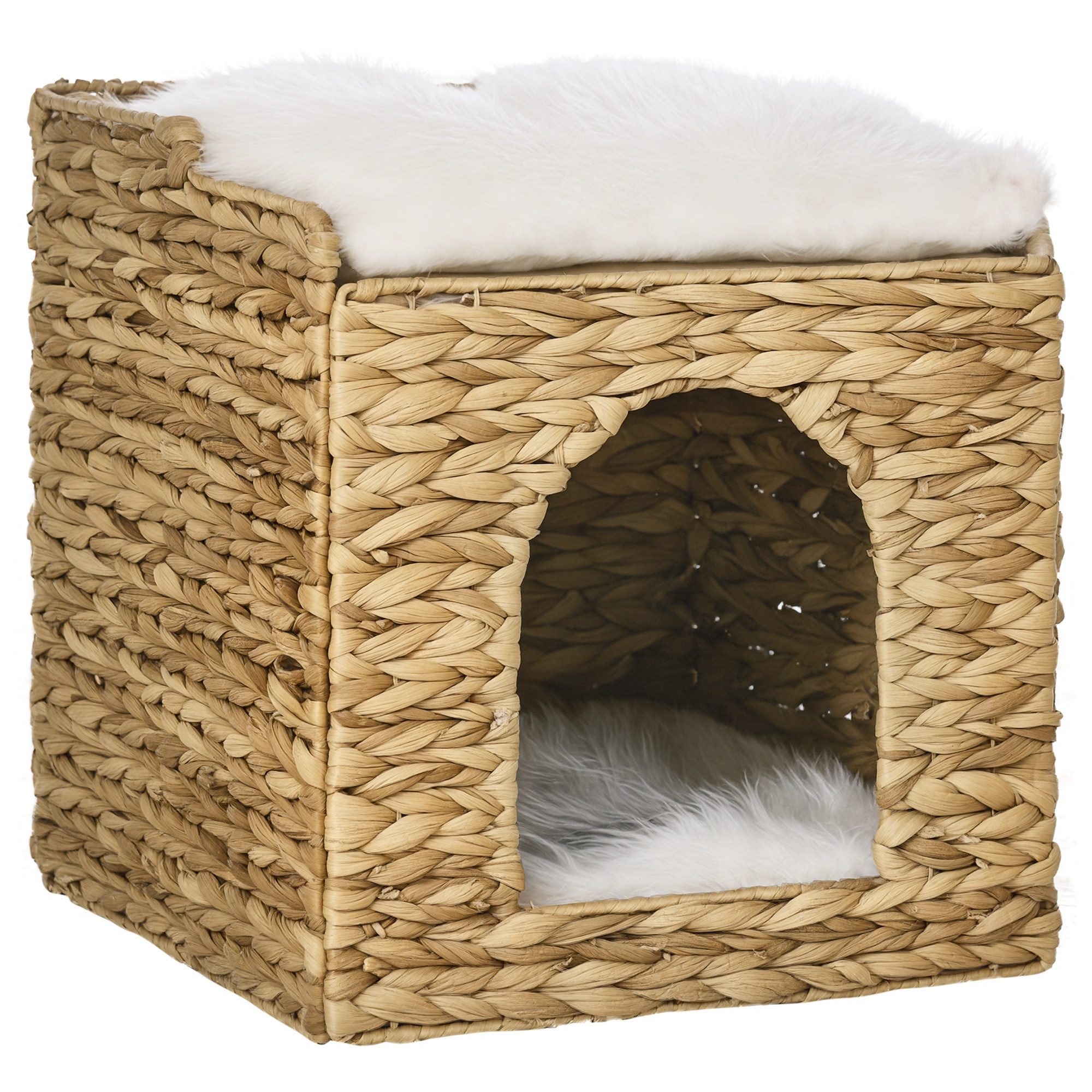 PawHut Tierhaus Katzenhaus mit Kissen, Katzenbett, Wasserhyazinthengras, Braun, 37.5L x 37.5B x 41.5H cm