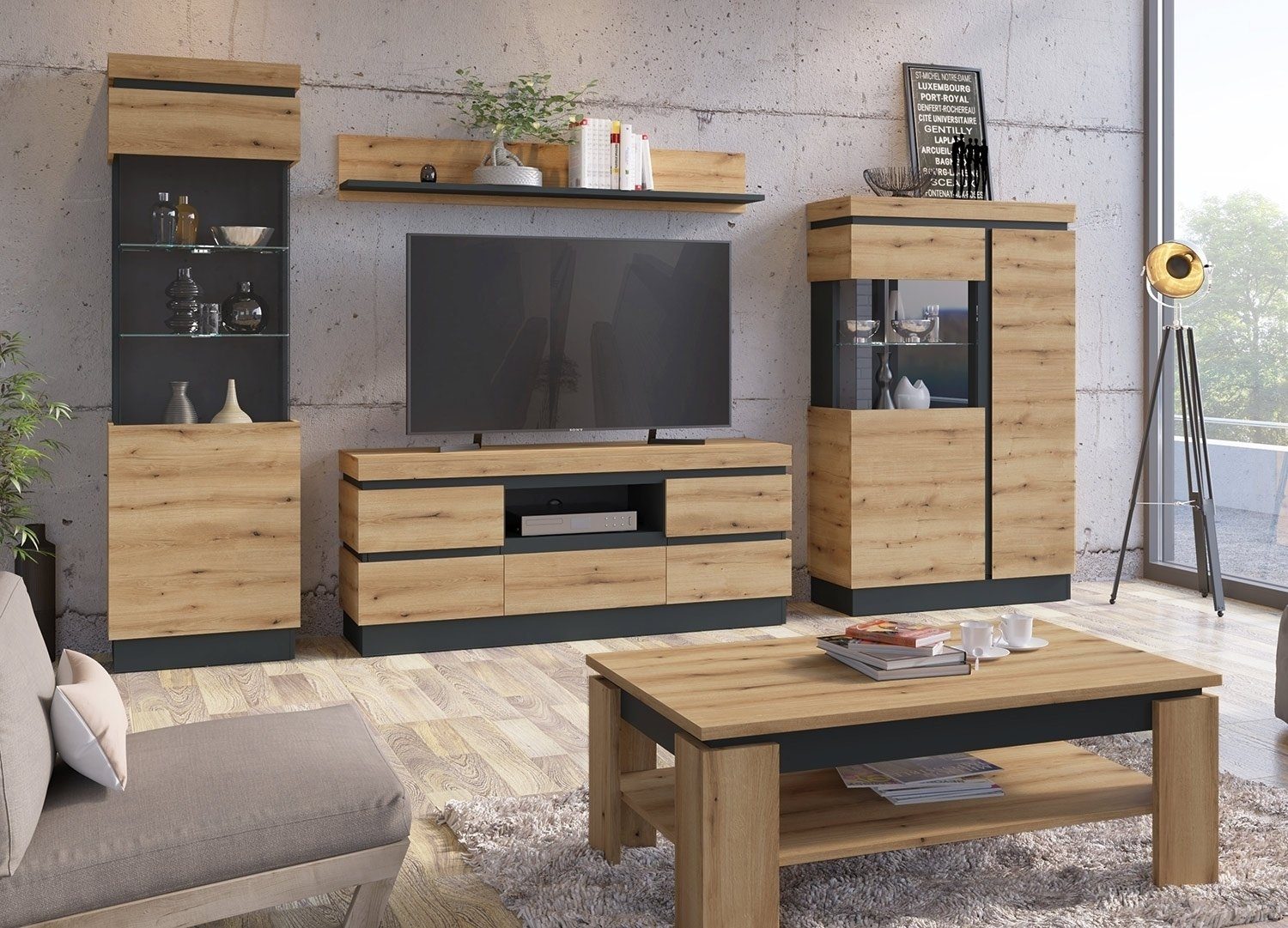 Vitrine CORTE, Coast Evoke Eiche Dekor, Grau, 1 Glastür, 2 Einlegeböden, 2 Glasböden, Türanschlag links