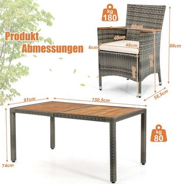 COSTWAY Garten-Essgruppe, (7 tlg), Rattan&Akazie, für 6 Personen mit Kissen