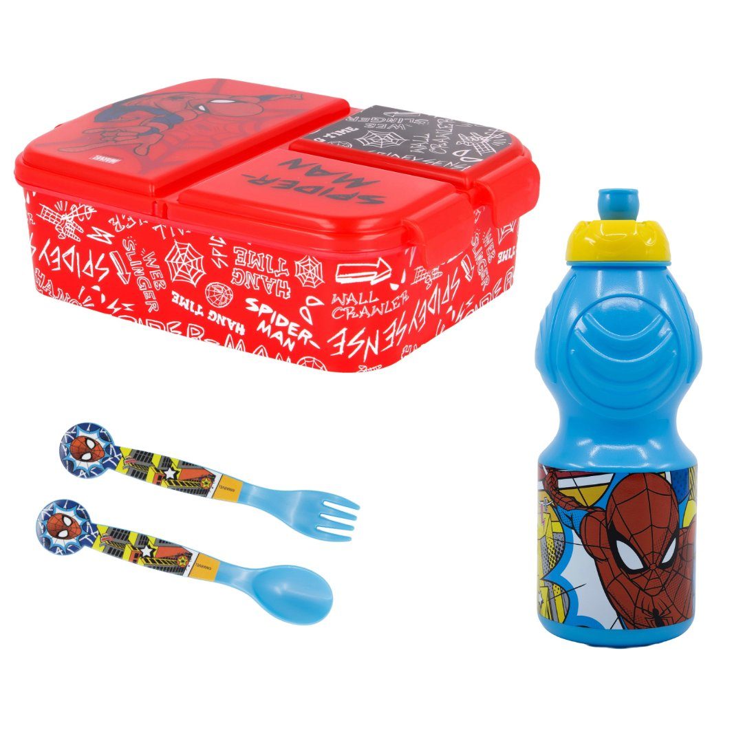 Lunchbox 4 - Trinkflasche MARVEL 3 Set Besteck, Kammer (4-tlg) Brotdose teiliges Spiderman