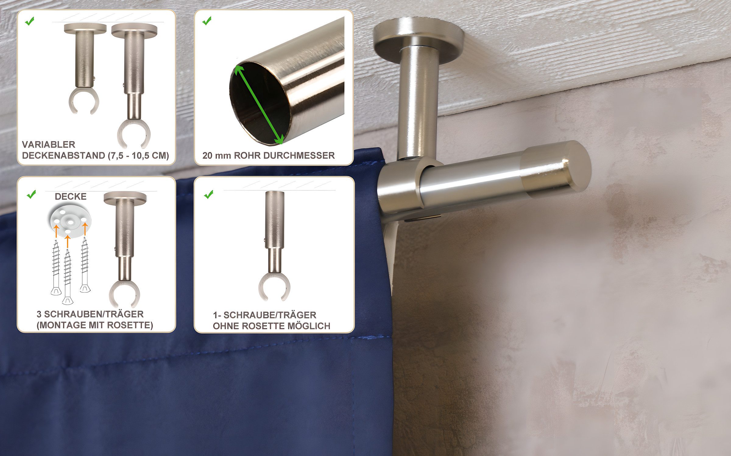iso-design Gardinenstange Set zur Montage an der Decke mit 20 mm Durchmesser 1-läufig, Ø 20 mm, 1-läufig, Deckenmontage, geschraubt, Aluminium, Variabler Deckenabstand