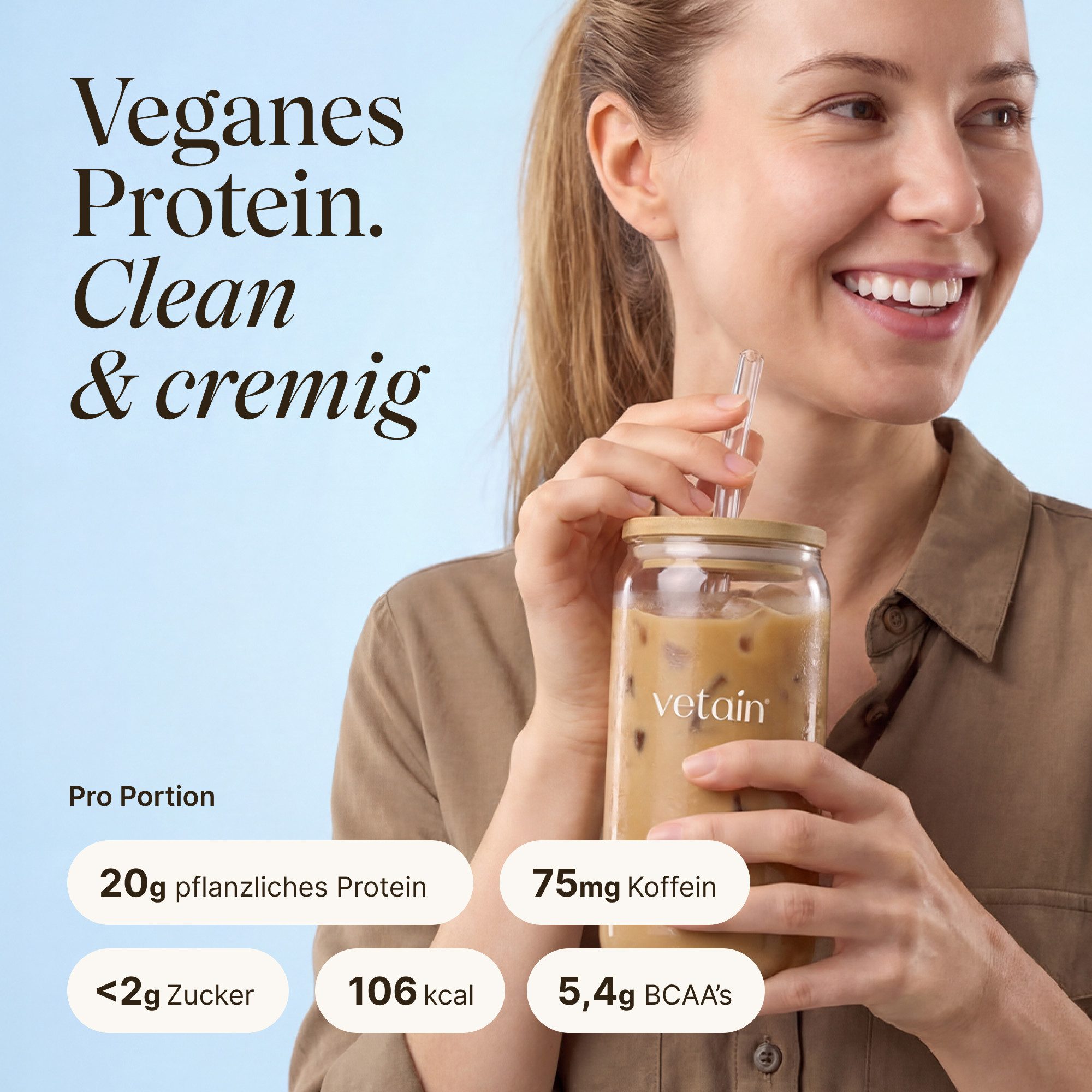 VETAIN Vegan Protein Pulver, 600 g, 5 Proteinquellen mit fermentierten Erbsen & Reis