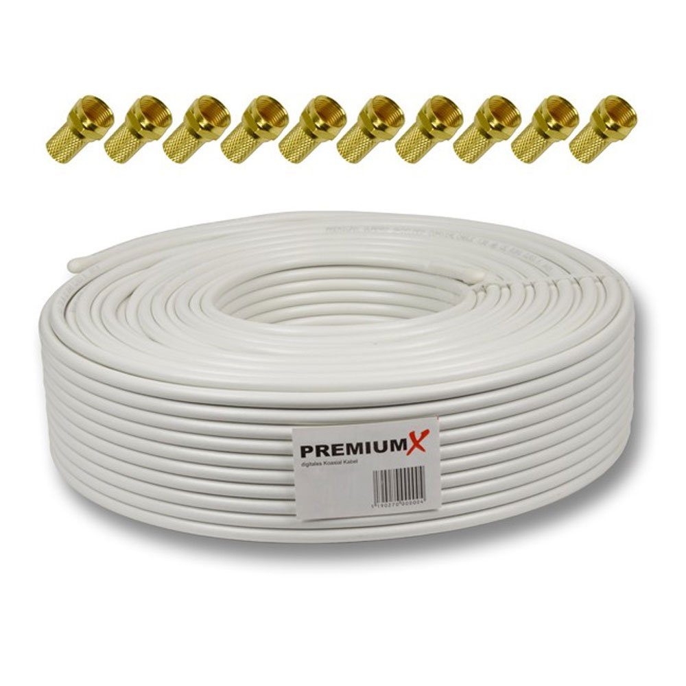 PremiumX 50m BASIC Koaxialkabel 135dB 4-fach SAT Koax Kabel 10x F-Stecker SAT-Kabel | SAT-Kabel