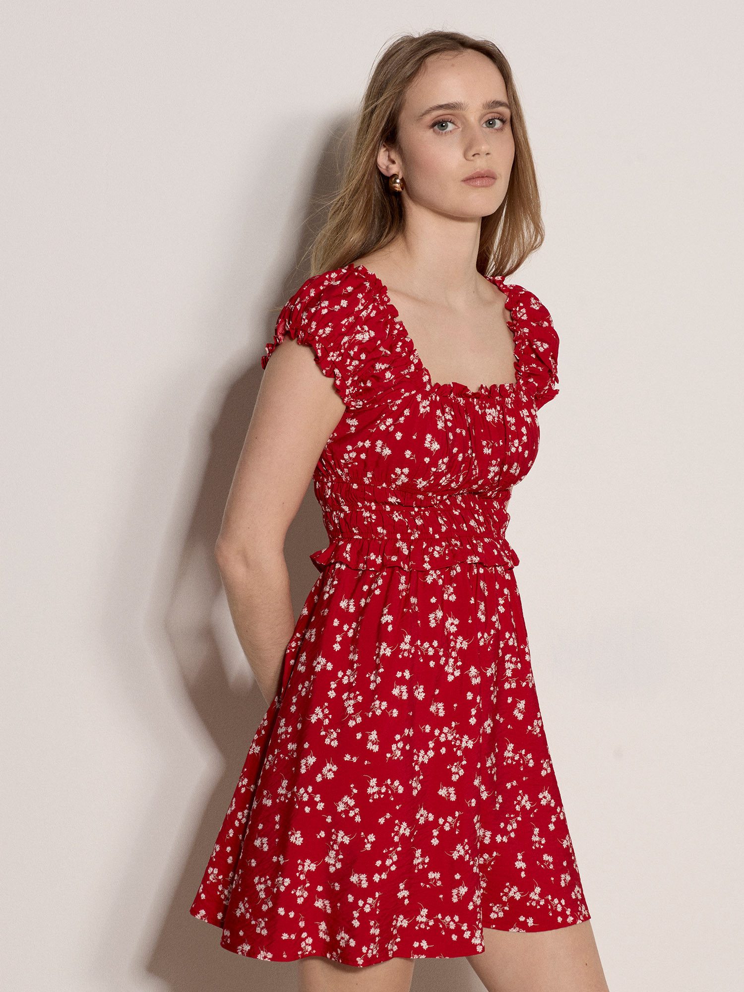 Apricot Minikleid Geblümtes Mini-Kleid mit Rüschen