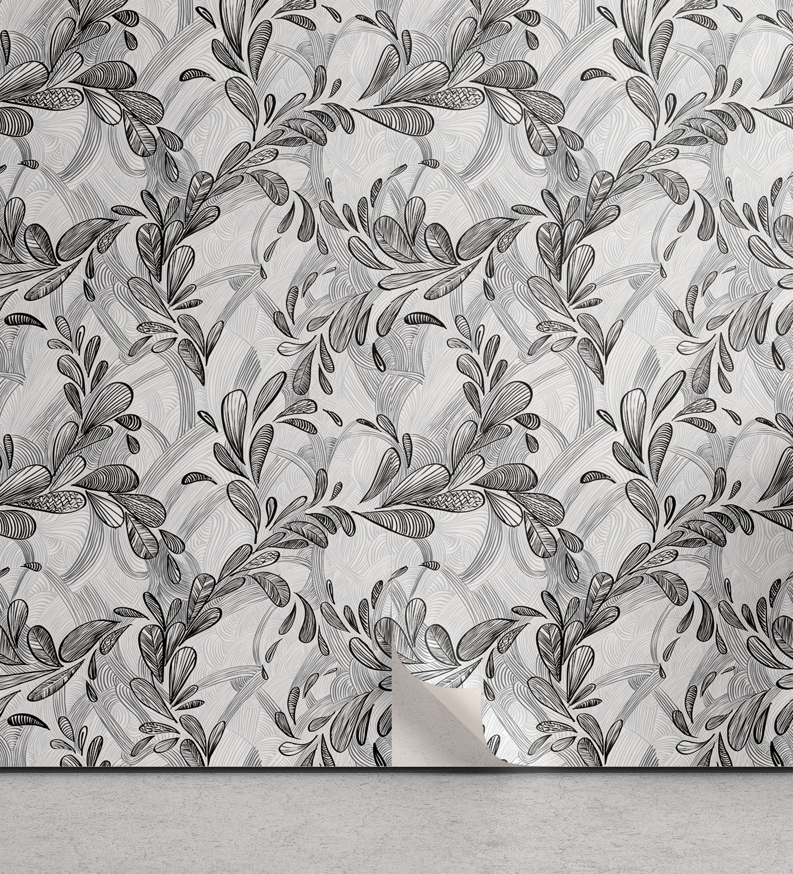 Abakuhaus Vinyltapete selbstklebendes Wohnzimmer Küchenakzent, Sketch Blatt Grunge Monochrome