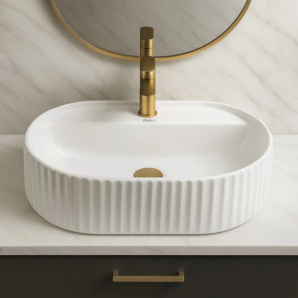 wohnwerk.idee Aufsatzwaschbecken Waschbecken oval geriffelt Keramik Design Waschtisch 50/60 cm