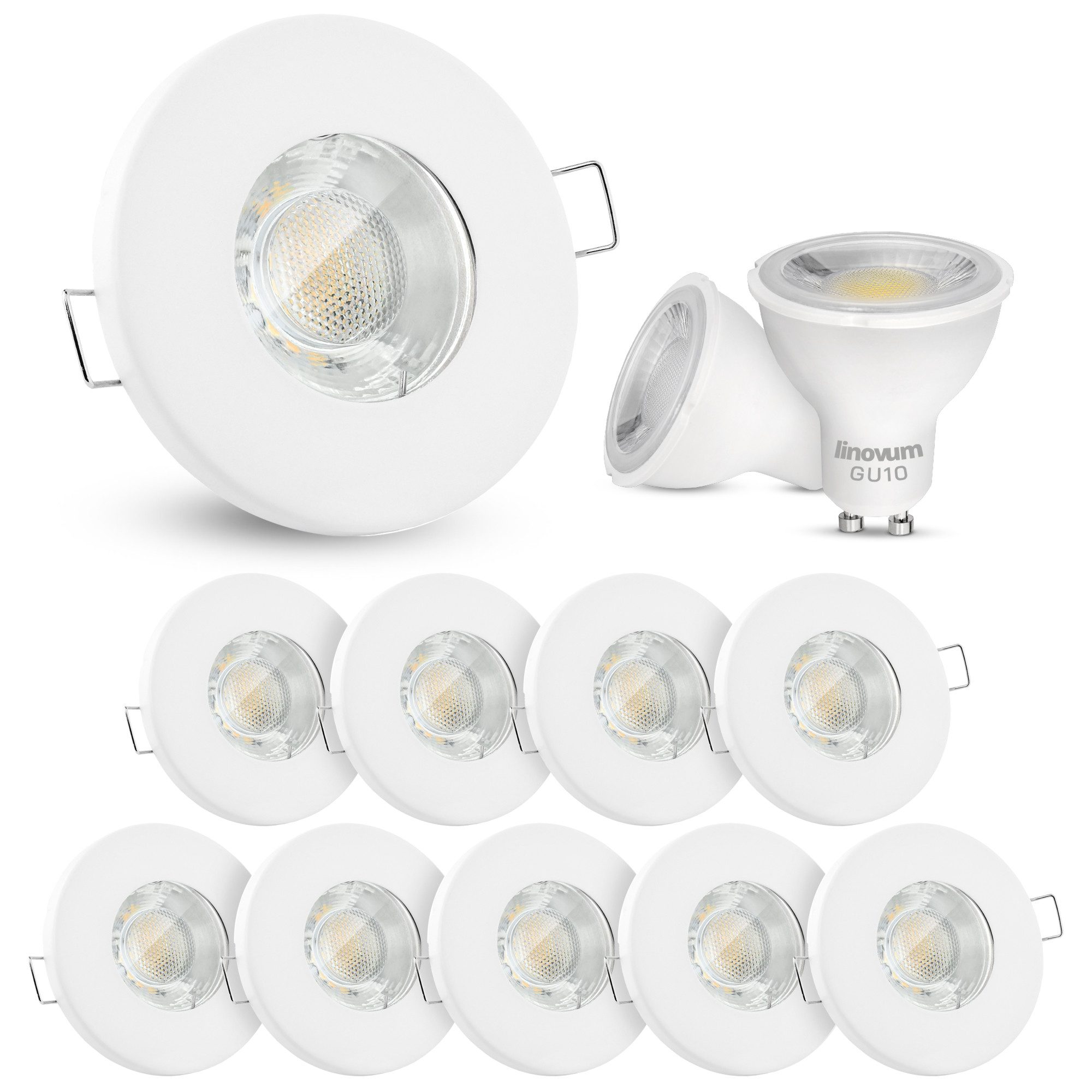 linovum LED Einbaustrahler 10x LED Einbaustrahler IP65 neutralweiß GU10 3W Weiss rund Badleuchte, Neutralweiß