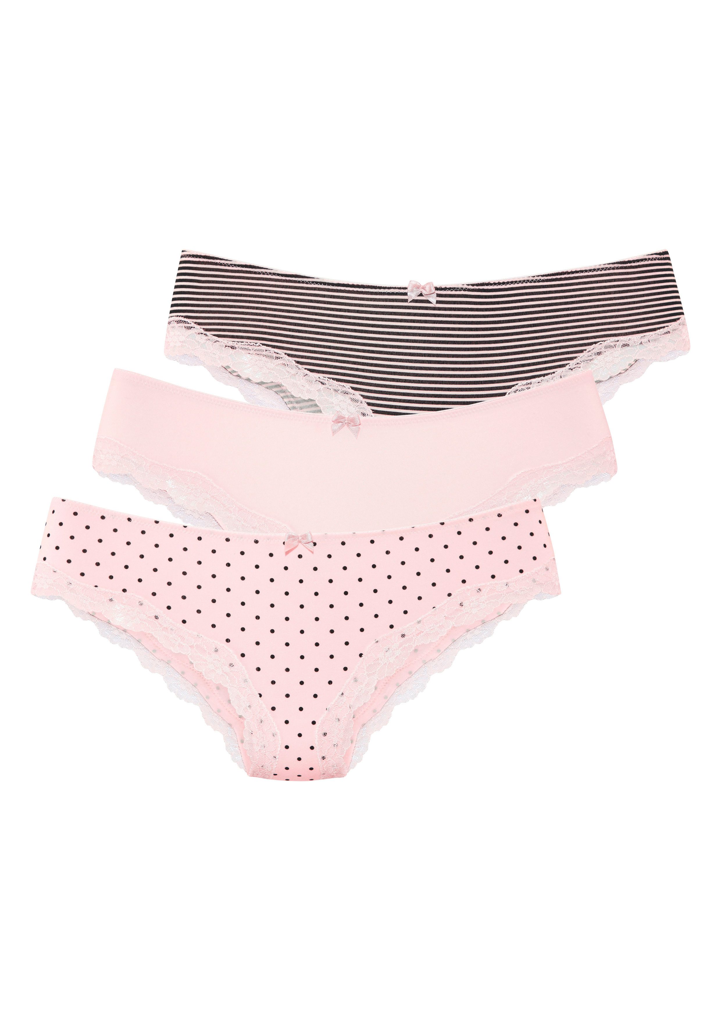 LASCANA Slip (3er-Pack) aus elastischer Baumwolle mit zarter Spitze
