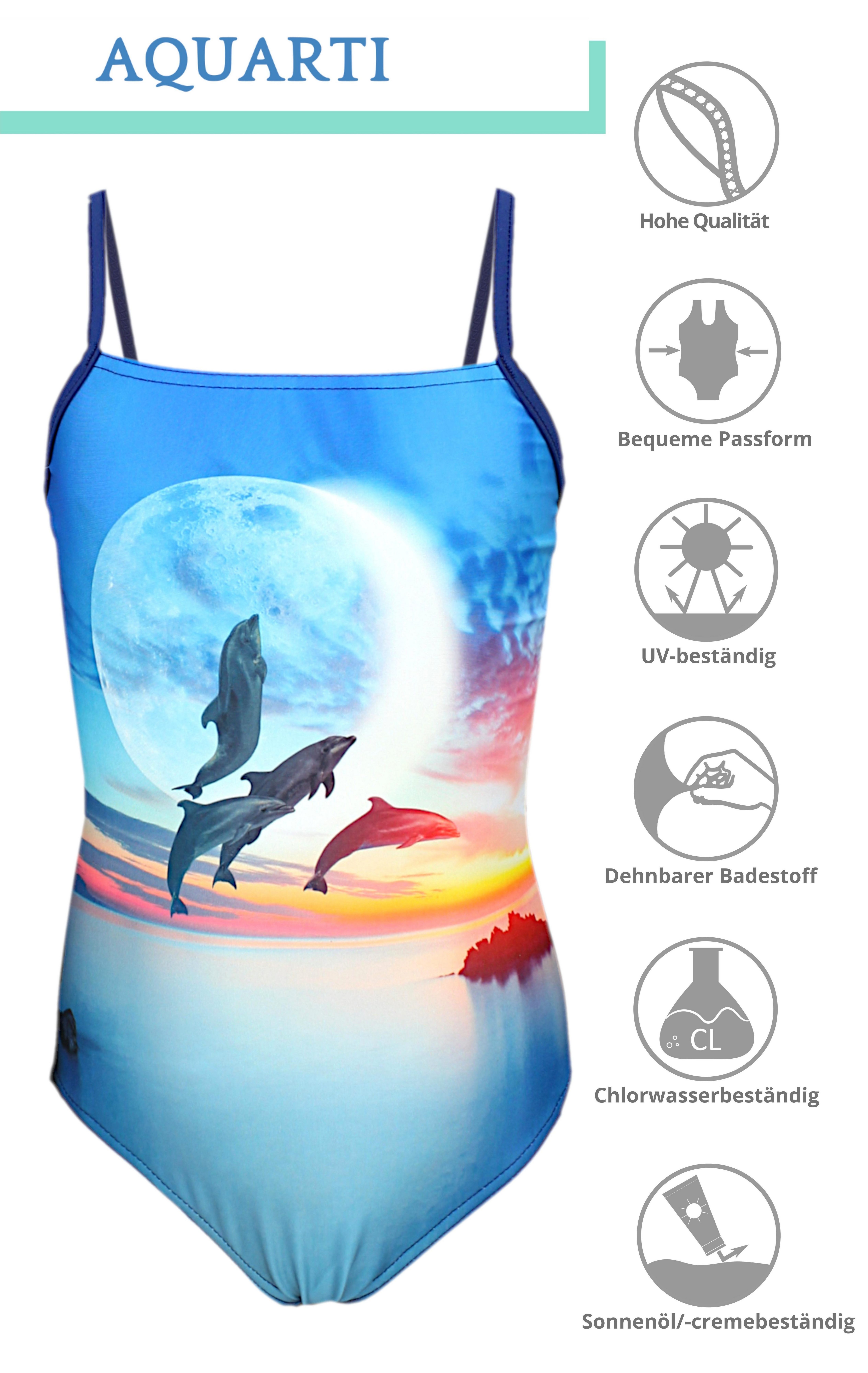 / Mond Badeanzug Mädchen mit Delfine Aquarti Dunkelblau Badeanzug Spaghettiträgern Orange Aquarti Streifen
