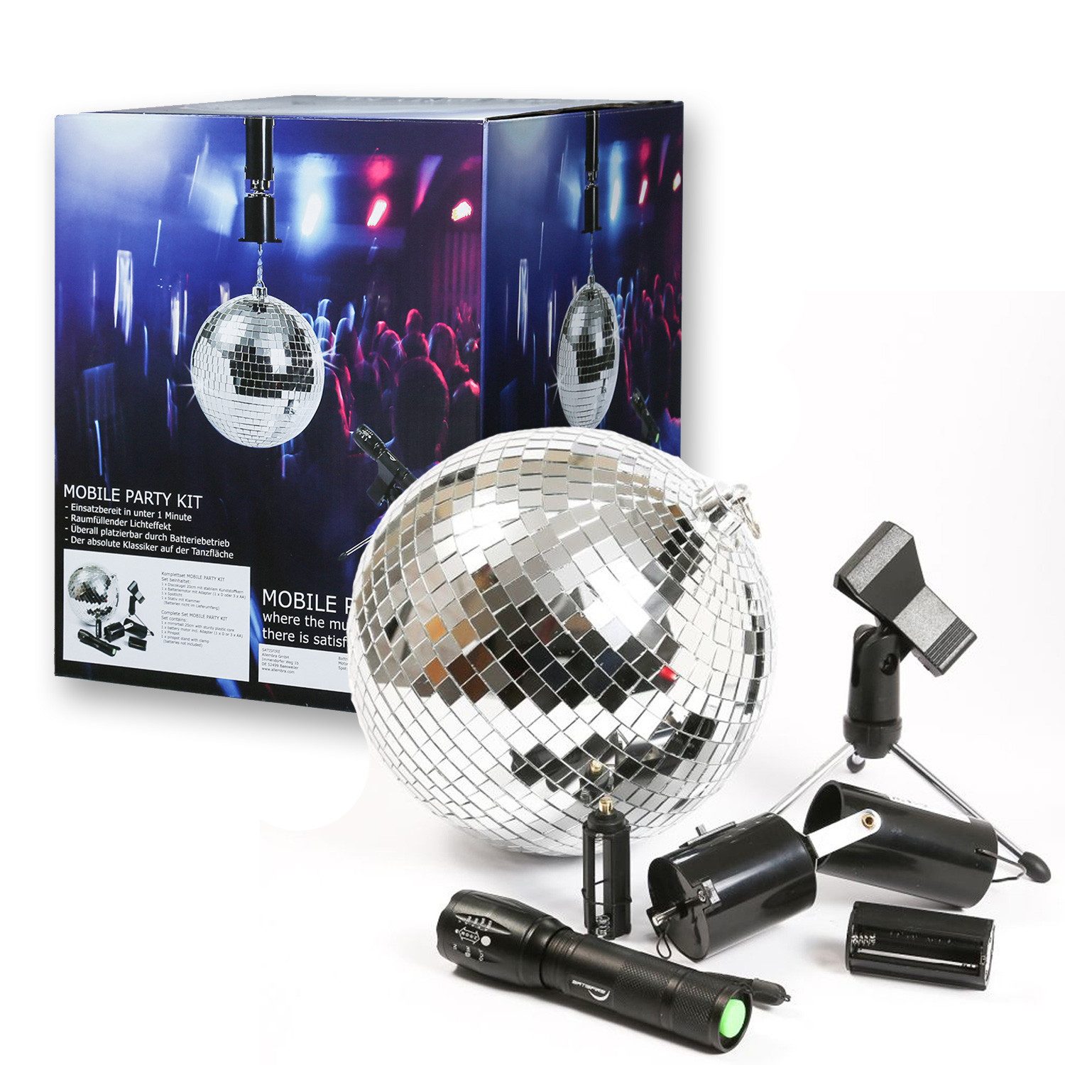 Discolicht Discokugel Set Mobile Party Komplettset 20cm Kugel Motor Spot Stativ