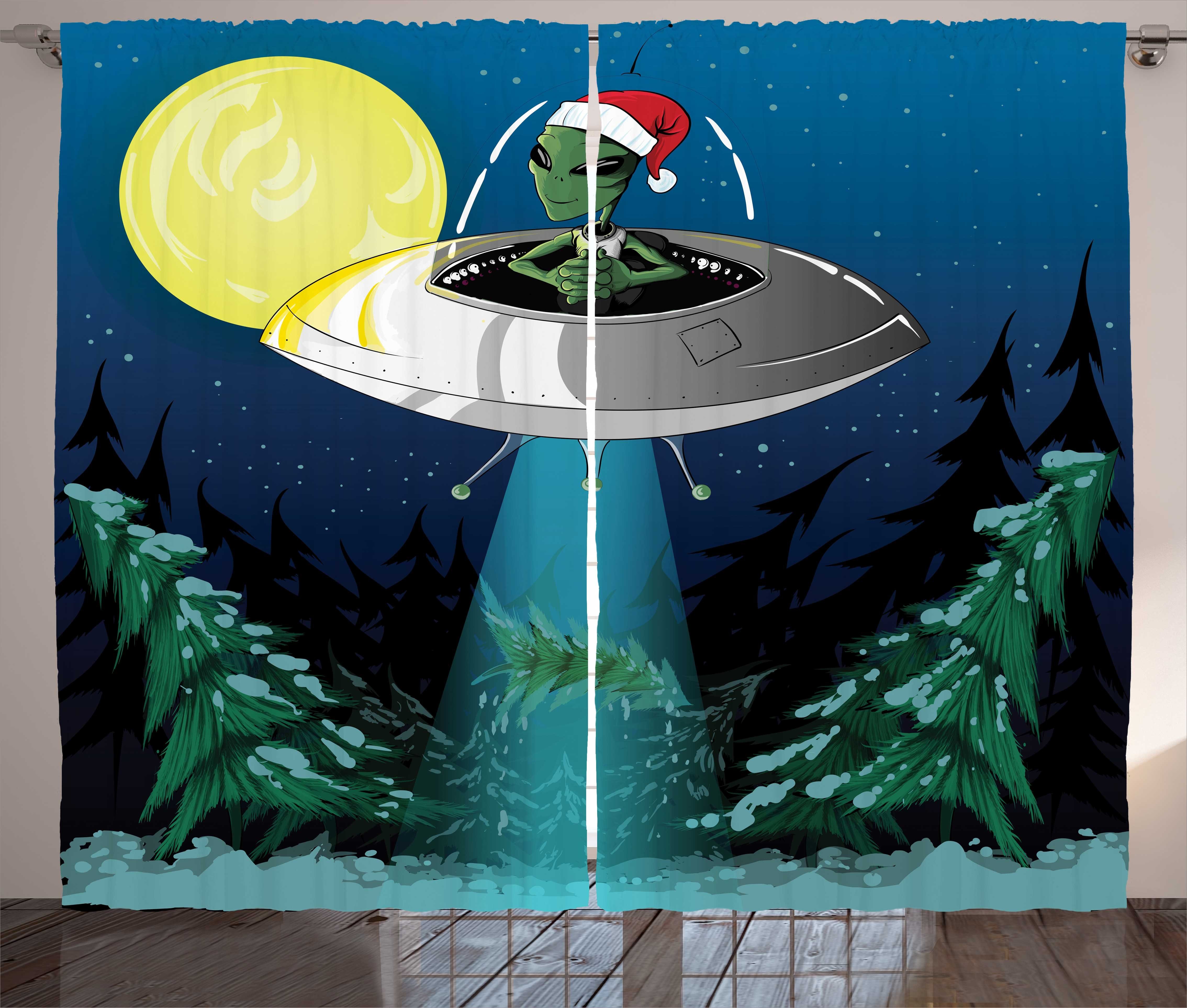 Gardine Schlafzimmer Kräuselband Vorhang mit Schlaufen und Haken, Abakuhaus, Karikatur Alien-Weihnachtskunst