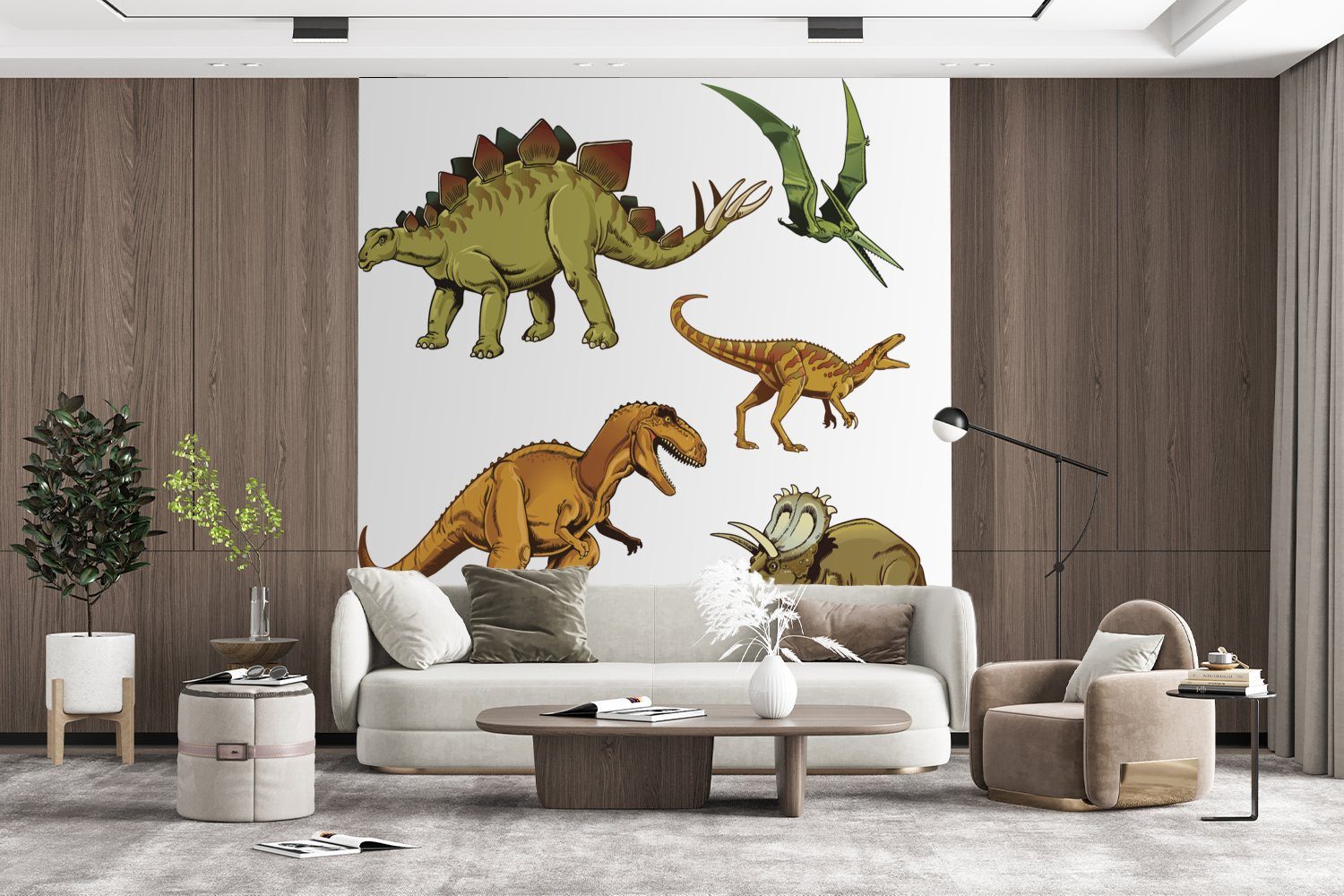 Zeichnung Montagefertig für Kinder, Wohnzimmer, Dinosaurier Wandtapete - (5 Jungen Tapete bedruckt, MuchoWow St), Vinyl Matt, - Fototapete -