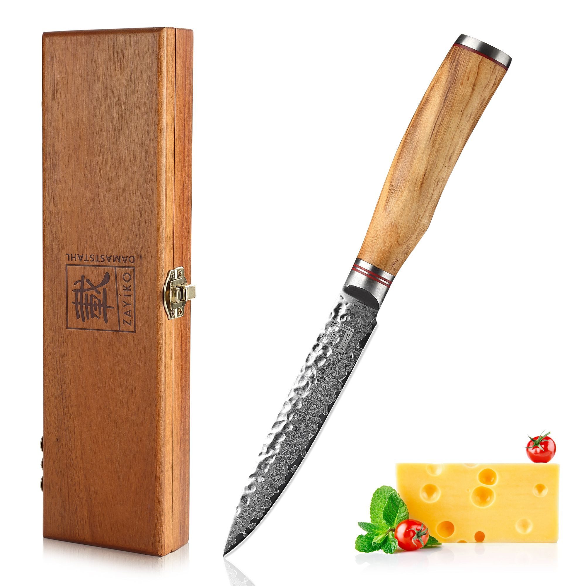 ZAYIKO Allzweckmesser Minami Damast Allzweckmesser Kochmesser 12 cm Klinge Olivenholzgriff, Damaststahl, VG10-Kern, Hammerschlag