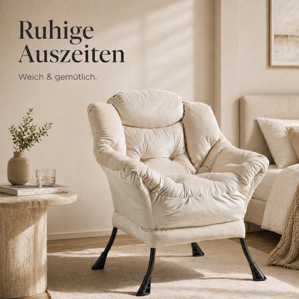ANYSUN Loungesessel aus Samt mit Nackenstütze, wahlweise mit Fußhocker, weich gepolstert, Lesesessel mit Seitentasche für Wohnzimmer & Schlafzimmer – Bild 4 von 5