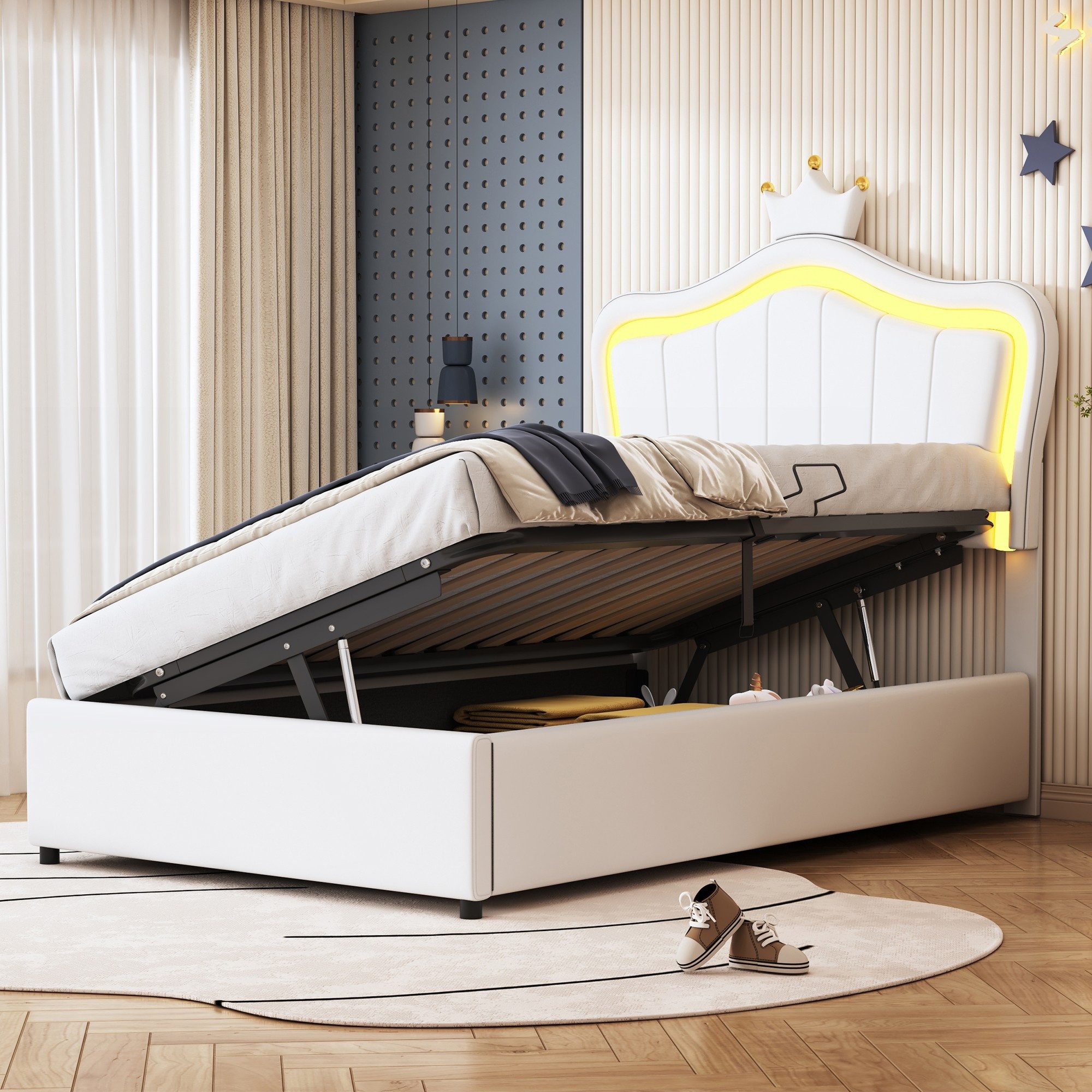 BlingBin Polsterbett Bett Kinderbett Polsterbet Gästebett (1er Set, 1-tlg., mit Kronendesign und LED-Beleuchtung – Hydraulisches Stauraumbett), Höhenverstellbares Kopfteil, 90 x 200 cm, Ohne Matratze