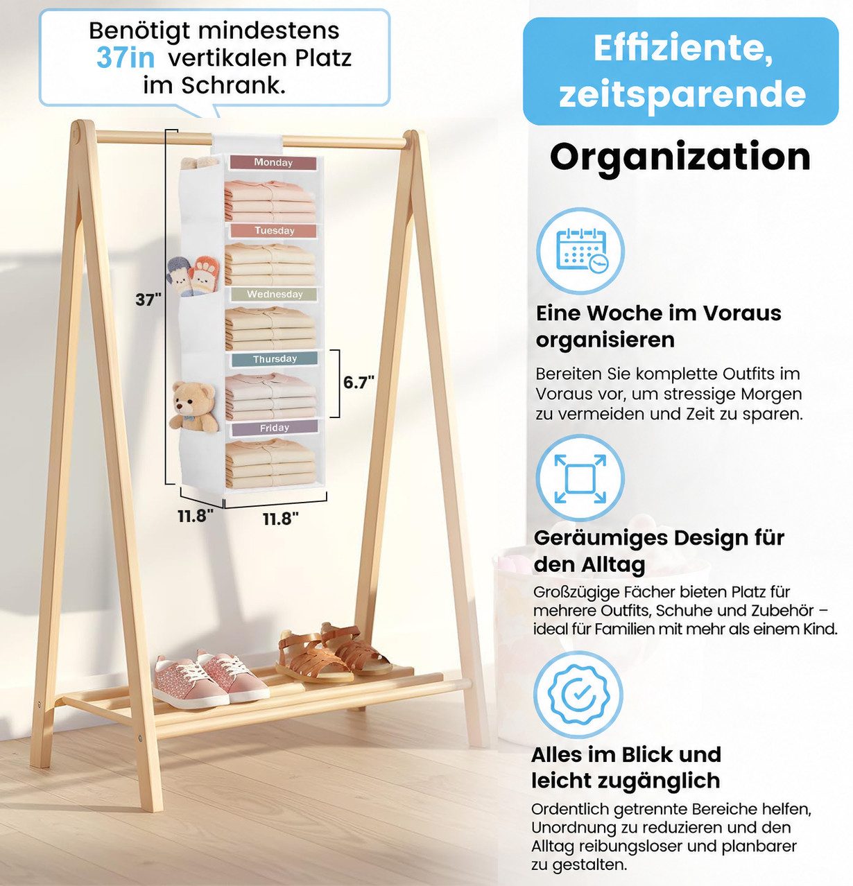 Diwzbyn Hängeregal Kinder Hängeorganizer Kleiderschrank – 5/6 Fächer Wochen Organizer, 1-tlg., mit Seitentaschen, Kleidung Aufbewahrung für Kinderzimmer